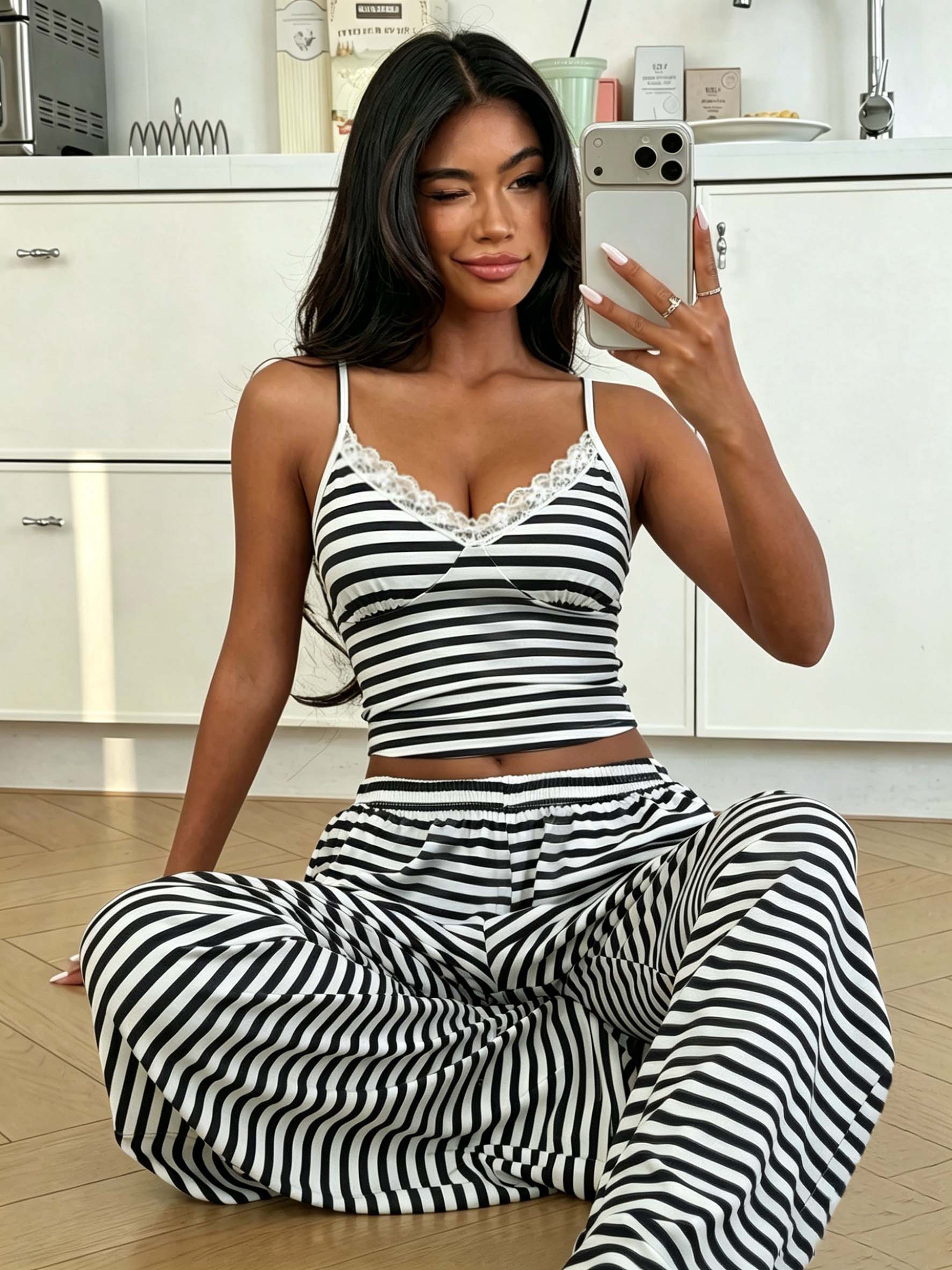 Striped Lace Trim Crop Cami and Wide-Leg Trousers Set