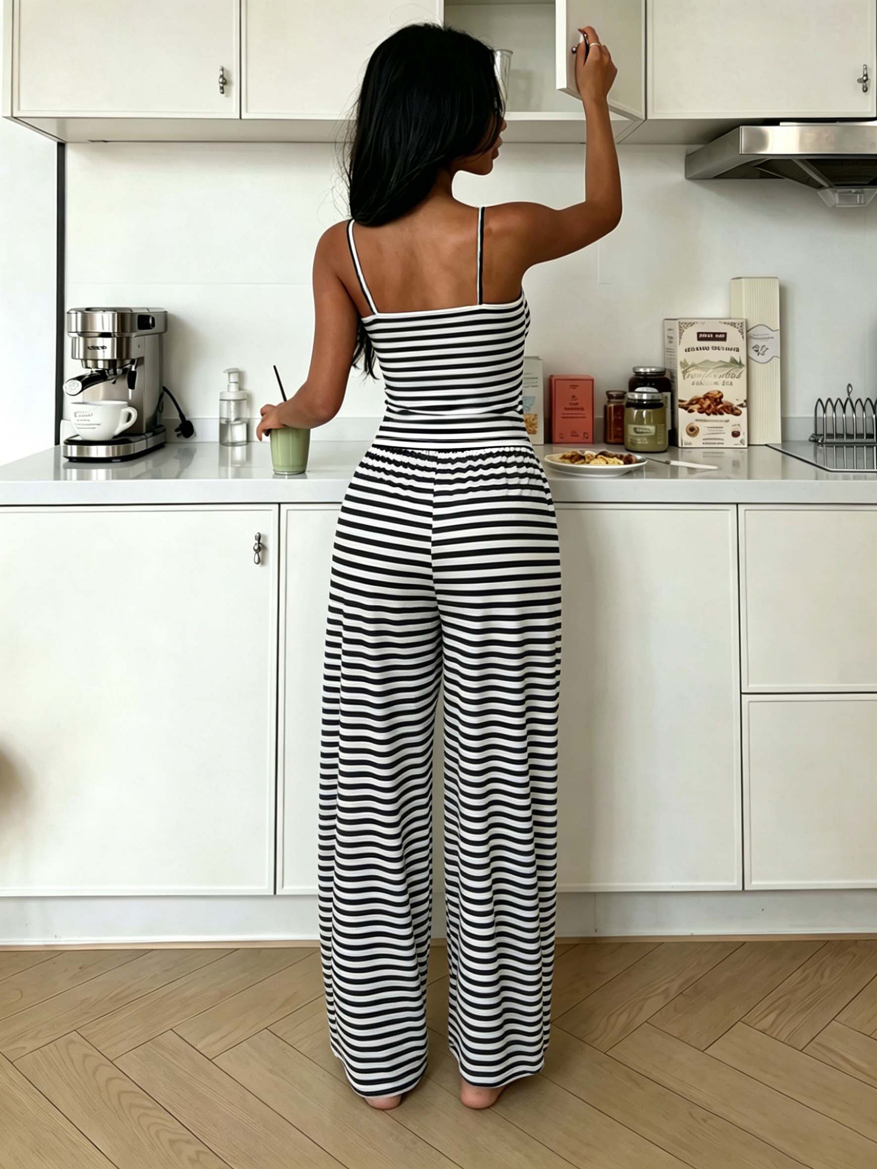 Striped Lace Trim Crop Cami and Wide-Leg Trousers Set
