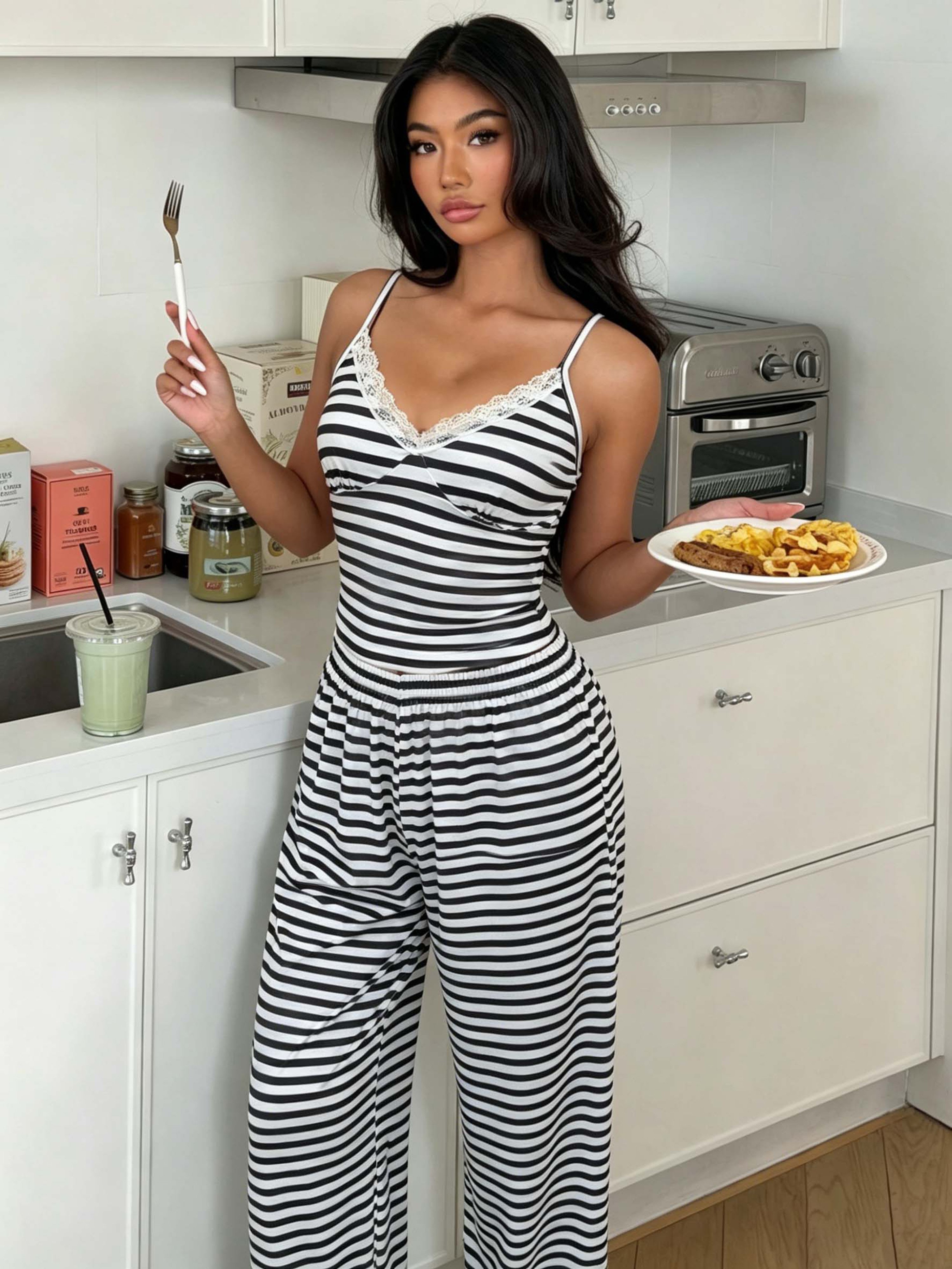 Striped Lace Trim Crop Cami and Wide-Leg Trousers Set