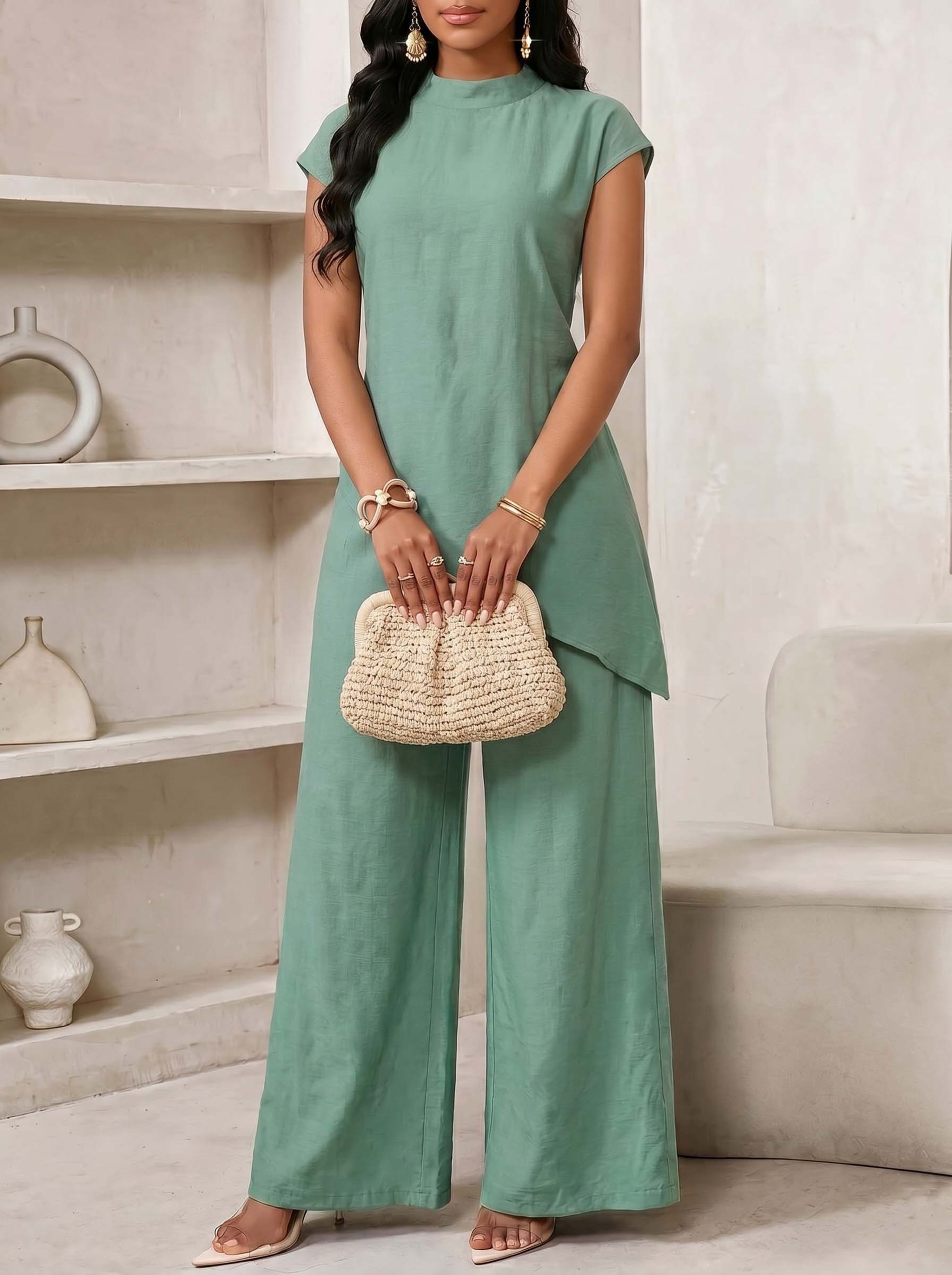 Green Asymmetrical Tunic and Wide-Leg Trousers Set