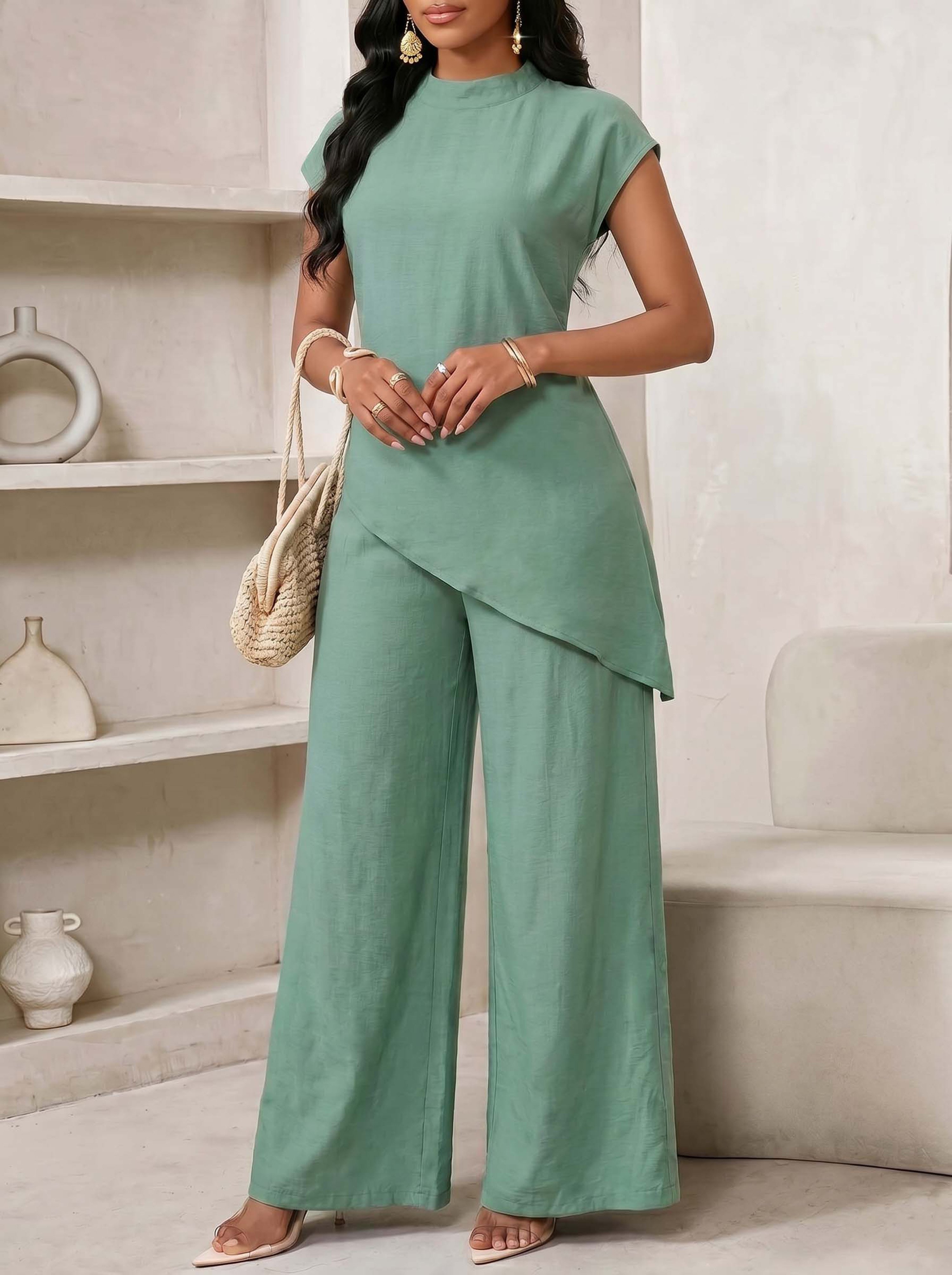 Green Asymmetrical Tunic and Wide-Leg Trousers Set