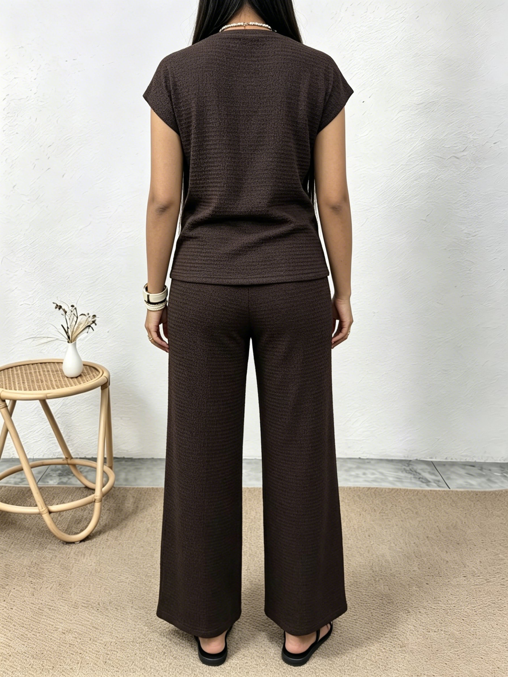 Womens Brown Textured T-Shirt and Wide-Leg Trousers Co-ord Set