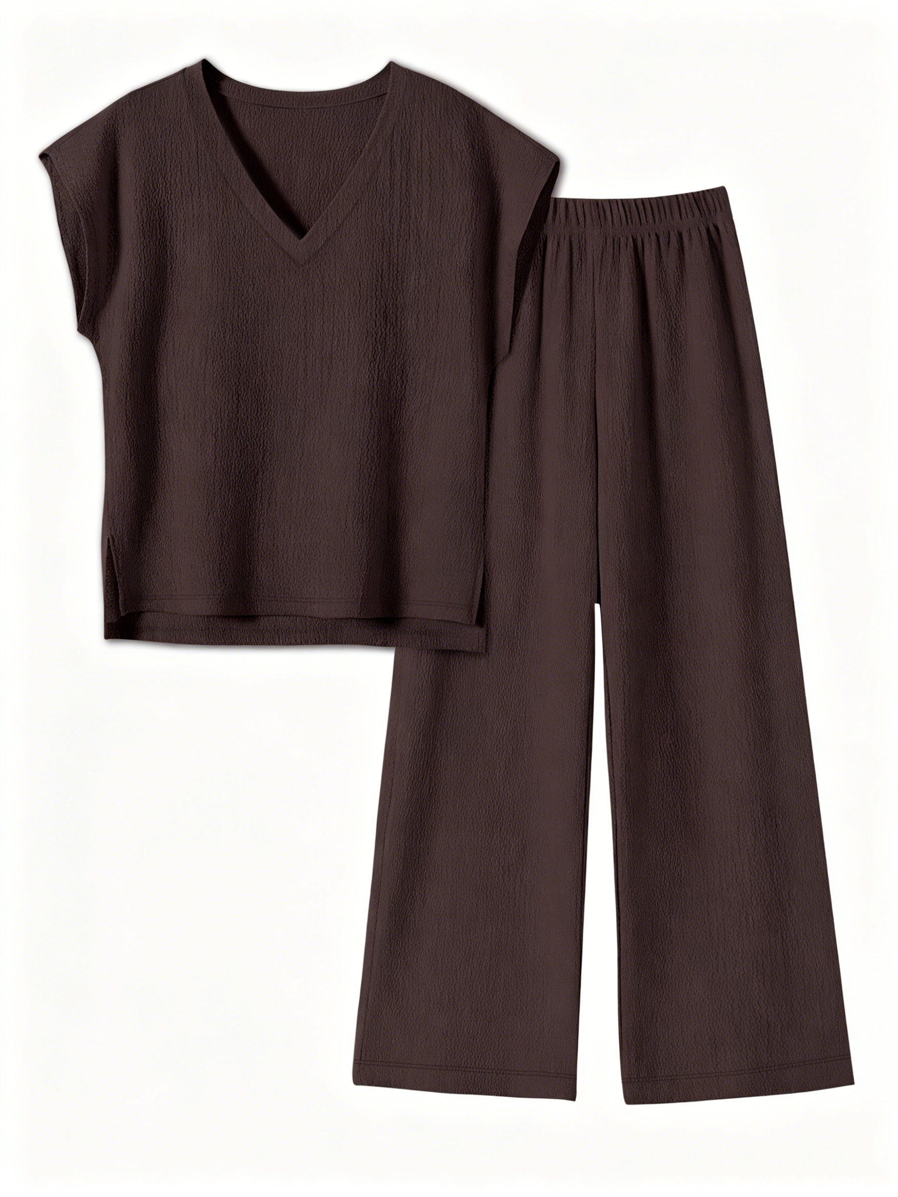 Womens Brown Textured T-Shirt and Wide-Leg Trousers Co-ord Set