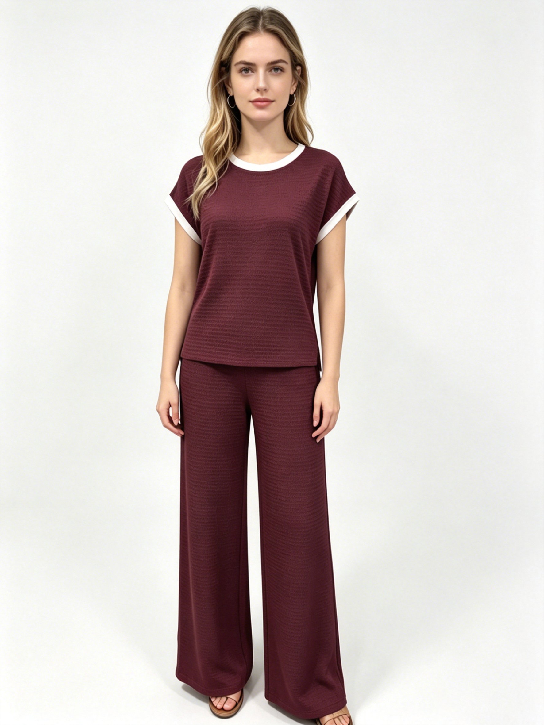 Womens Red T-Shirt and Wide-Leg Trousers Co-Ord Set