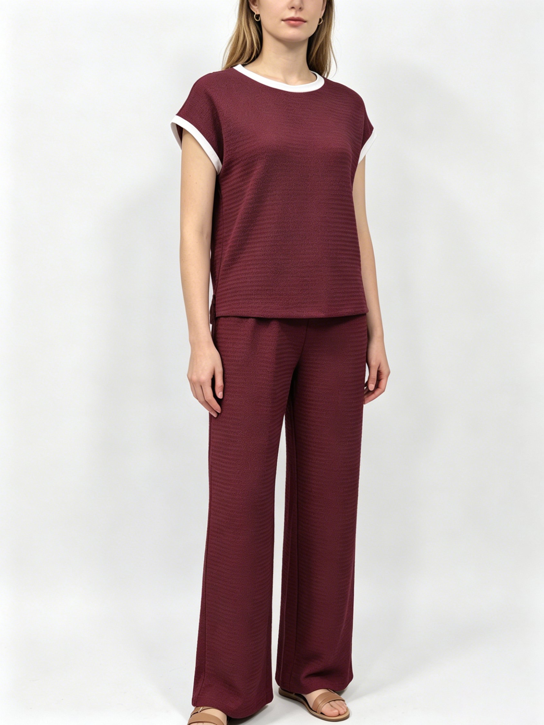 Womens Red T-Shirt and Wide-Leg Trousers Co-Ord Set