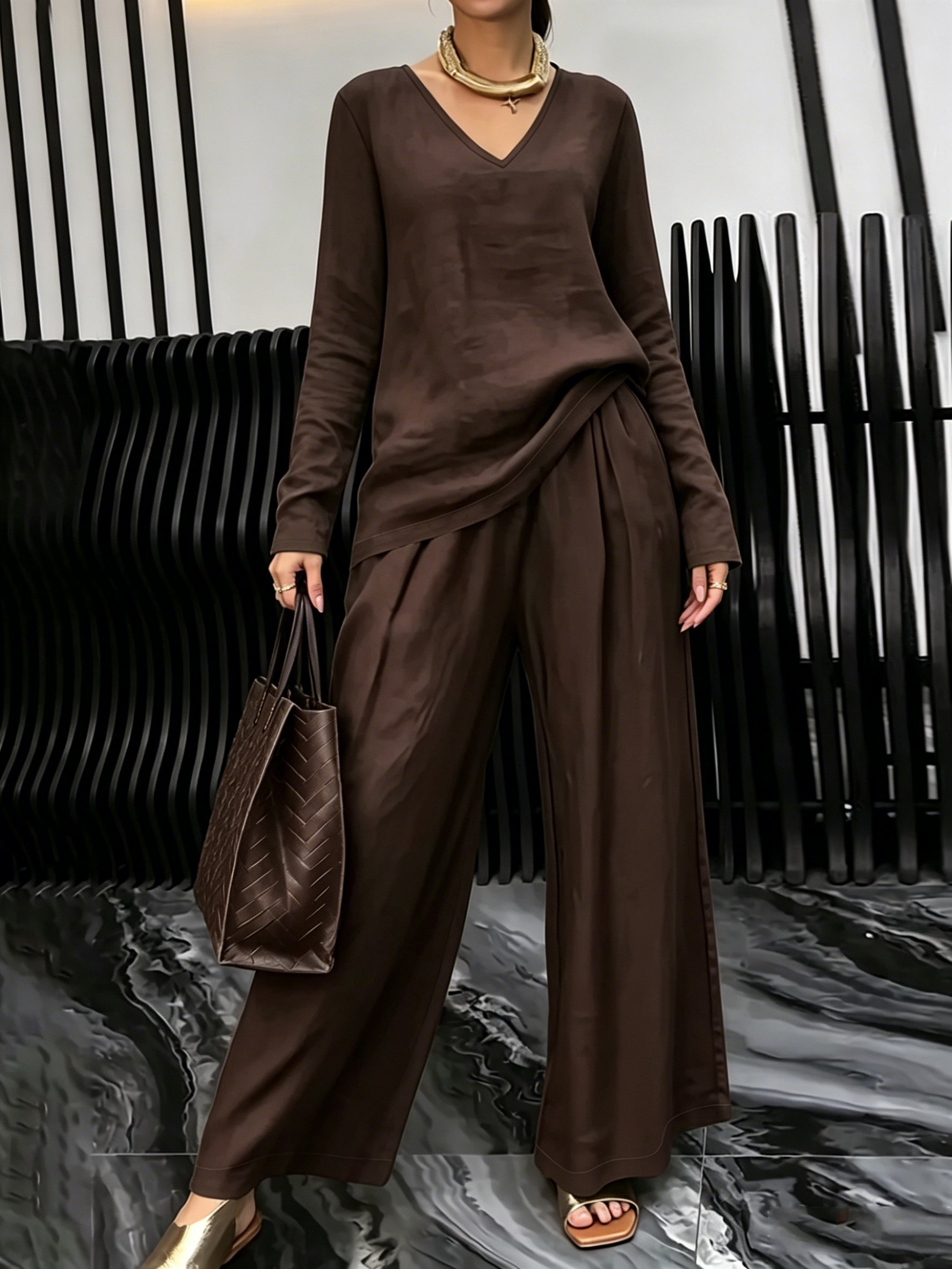 Brown Trousers and Long-Sleeve Top Co-ord Set