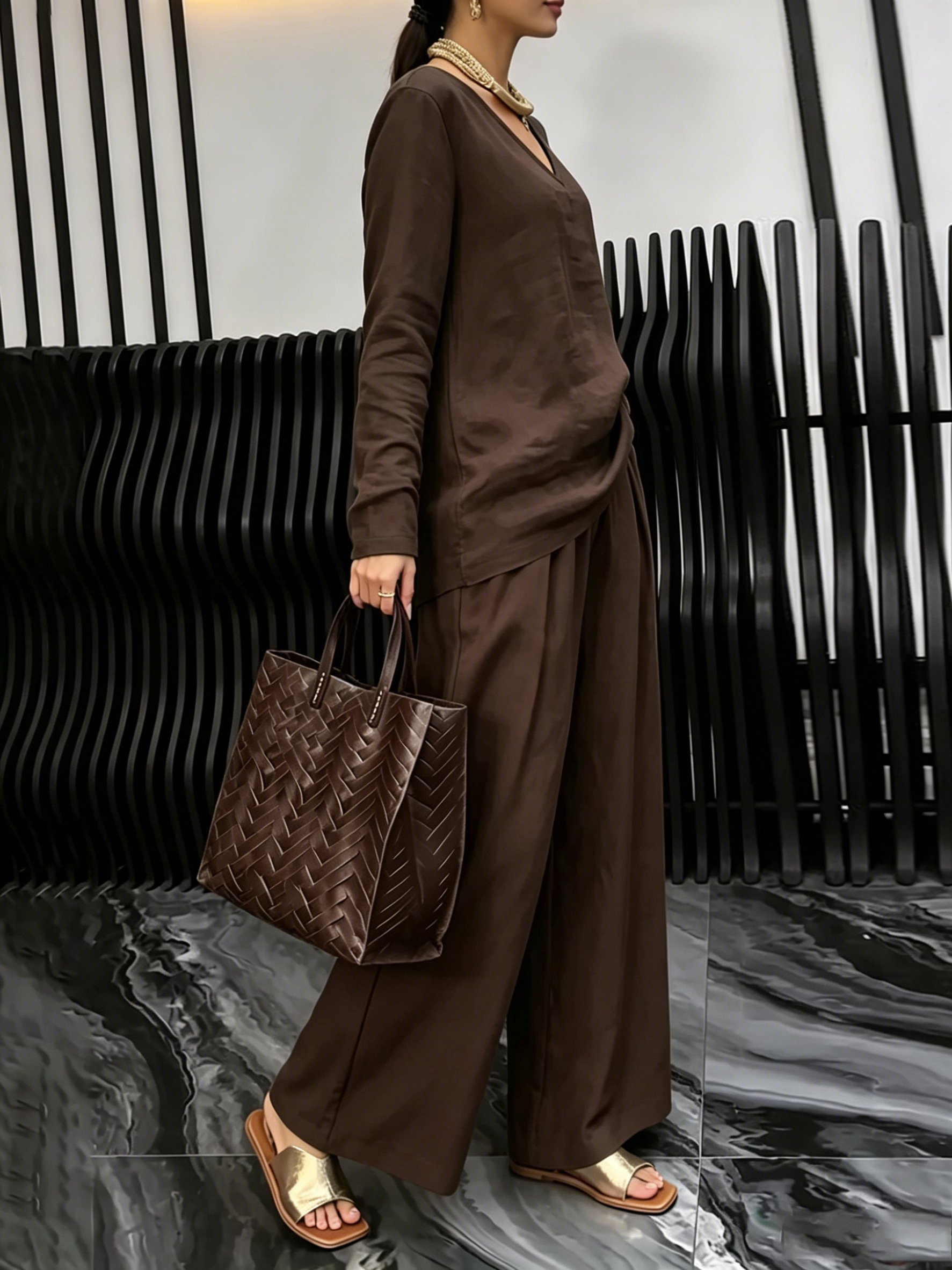 Brown Trousers and Long-Sleeve Top Co-ord Set