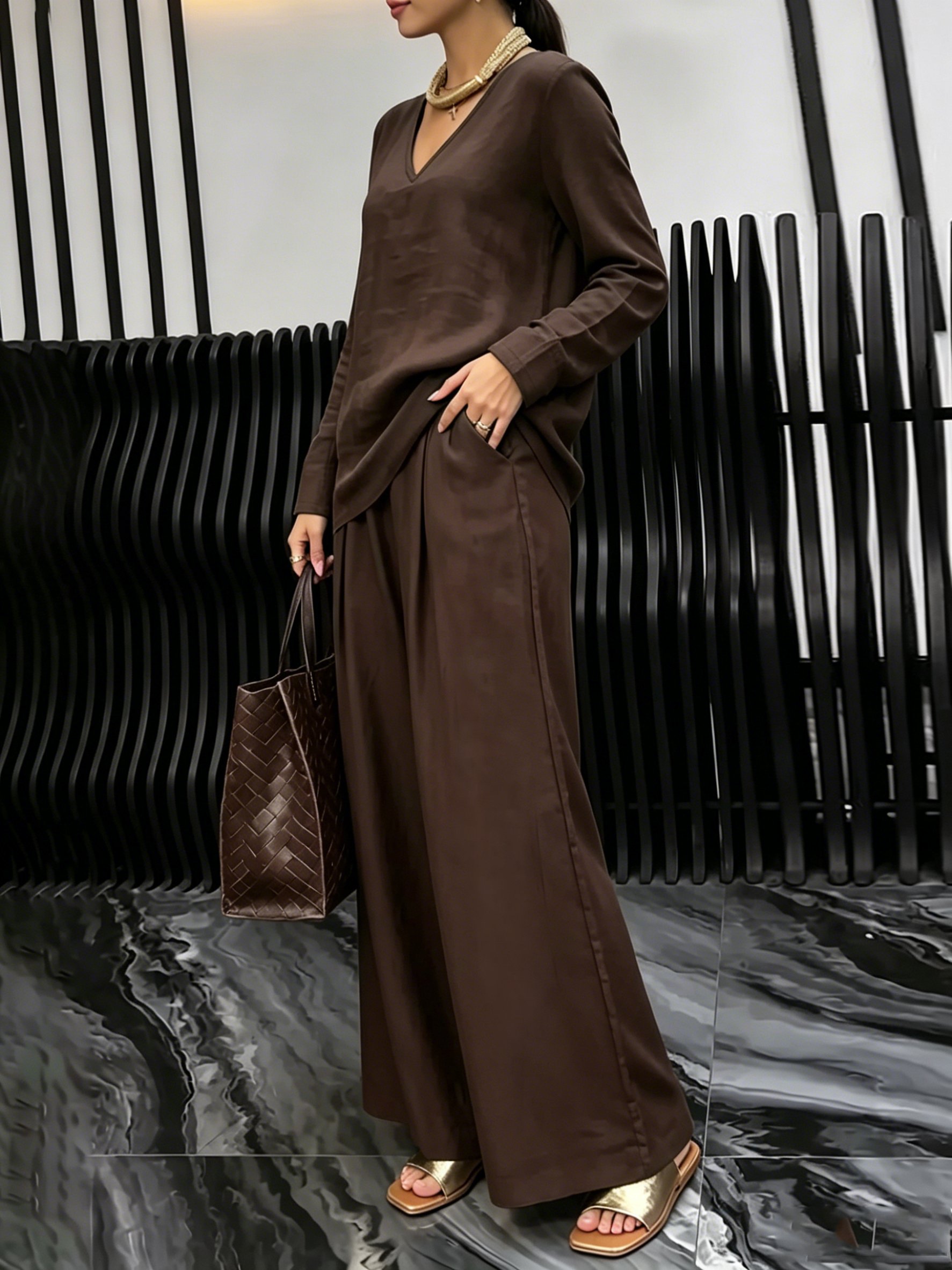 Brown Trousers and Long-Sleeve Top Co-ord Set