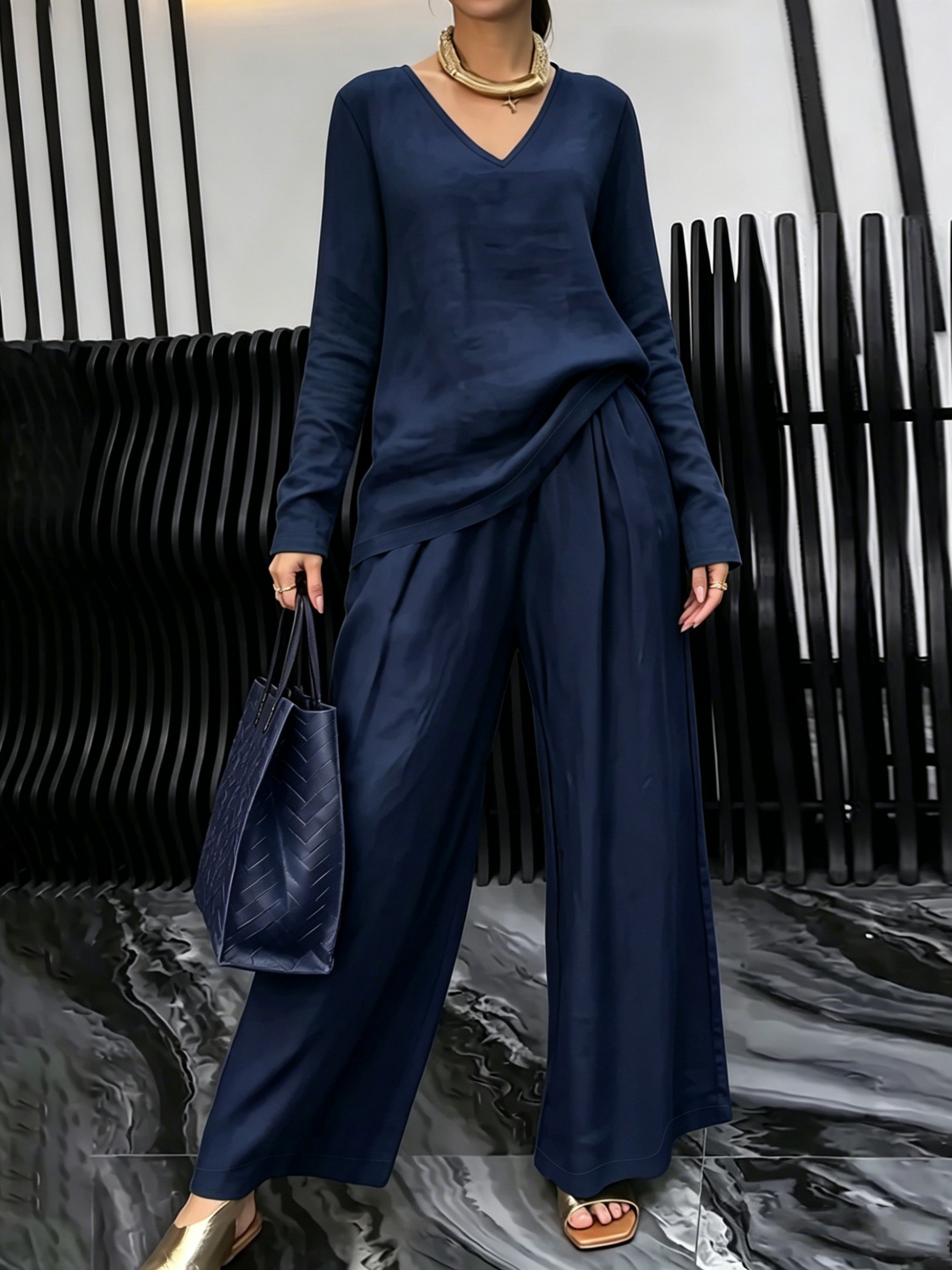 Navy Blue Trousers Co-ord Set with V-Neck Top