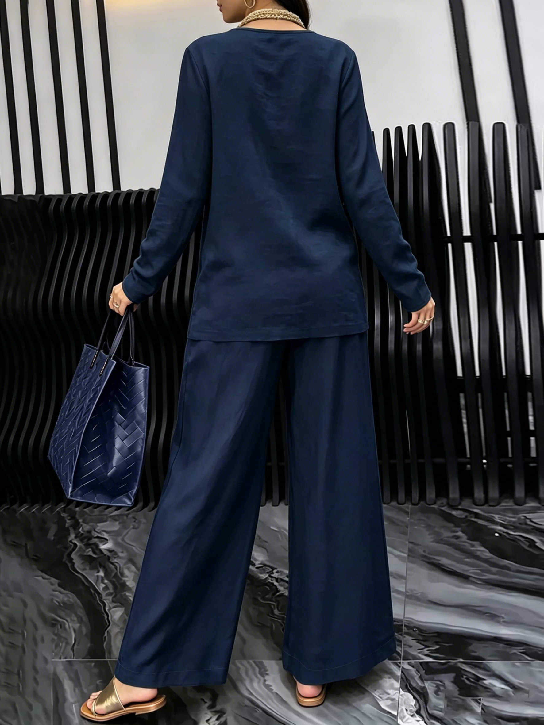 Navy Blue Trousers Co-ord Set with V-Neck Top