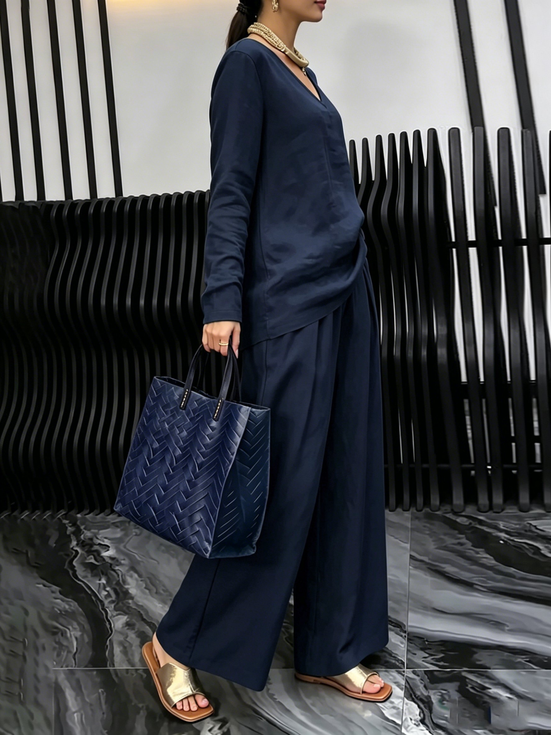 Navy Blue Trousers Co-ord Set with V-Neck Top