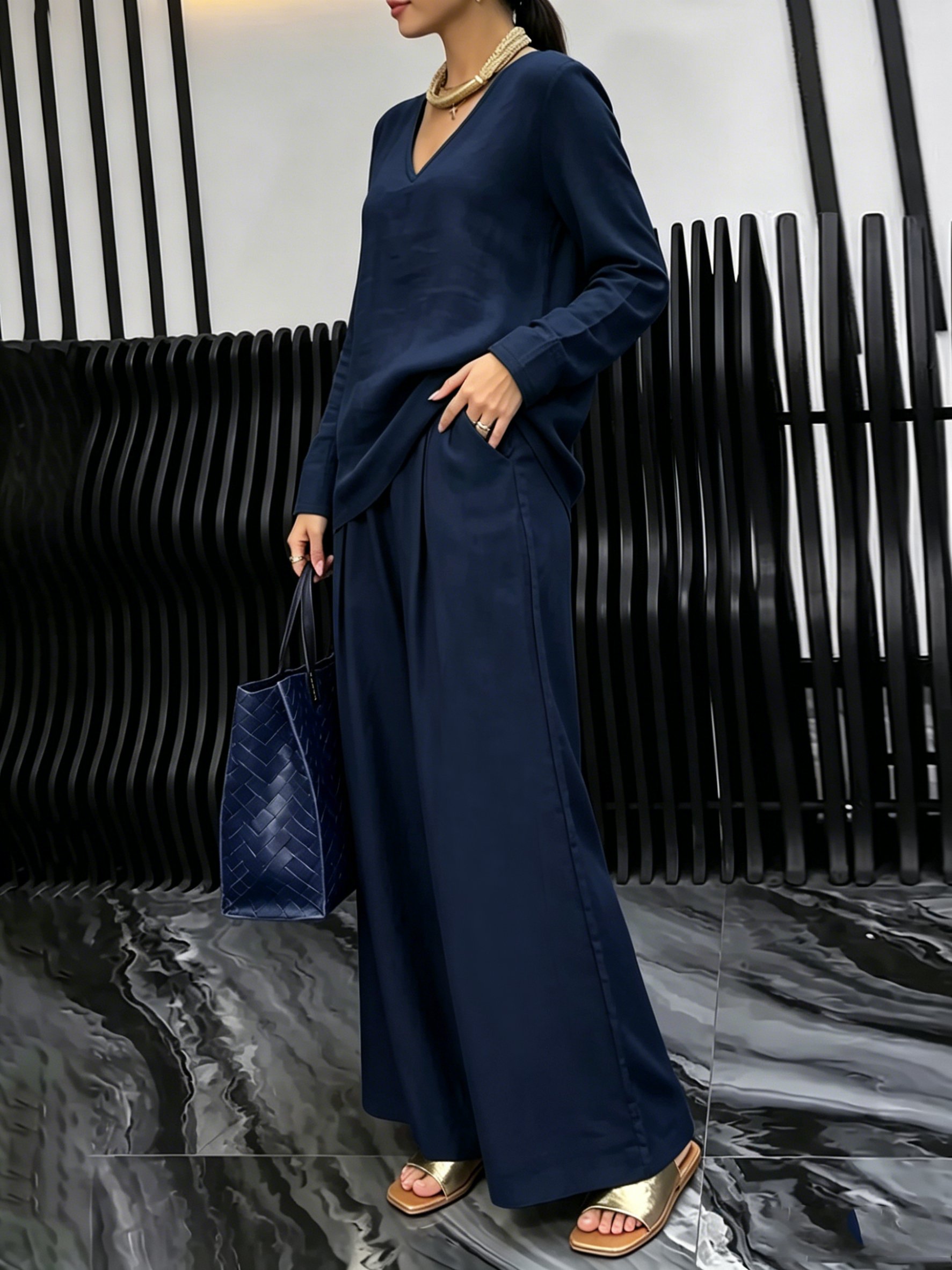 Navy Blue Trousers Co-ord Set with V-Neck Top