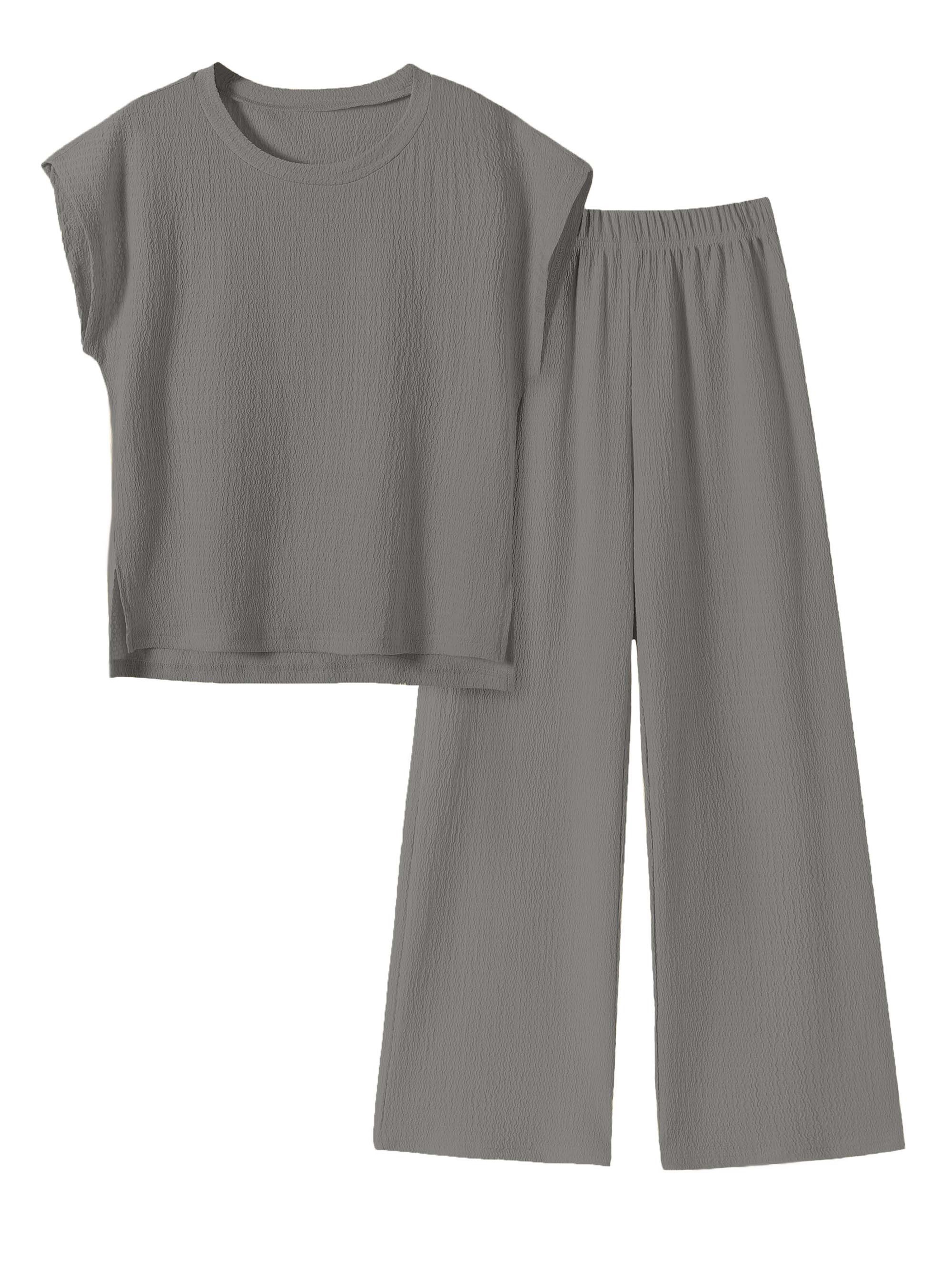 Grey Textured T-Shirt and Wide-Leg Trousers Set