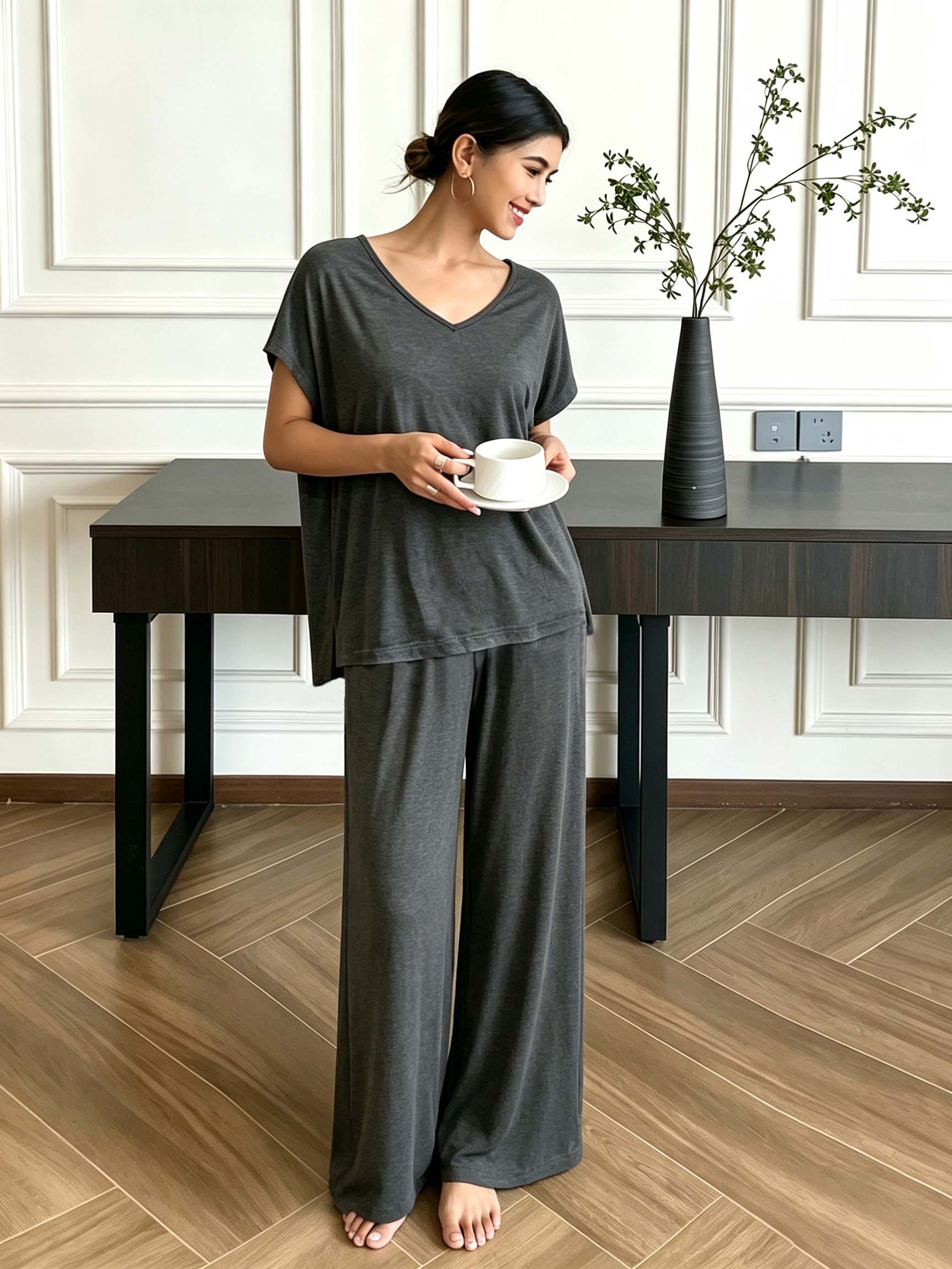 Grey Trousers and T-Shirt Lounge Set for Women