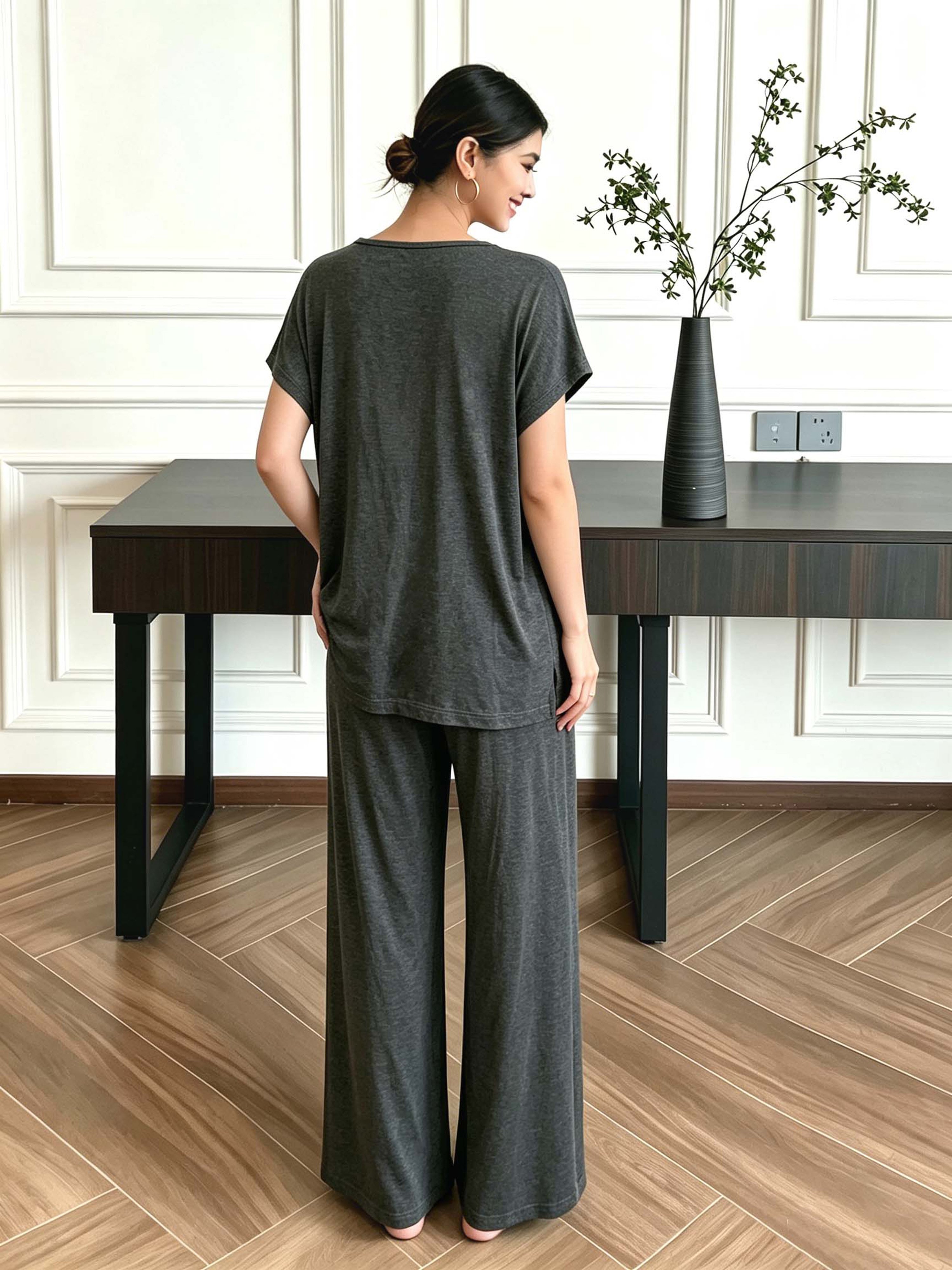 Grey Trousers and T-Shirt Lounge Set for Women
