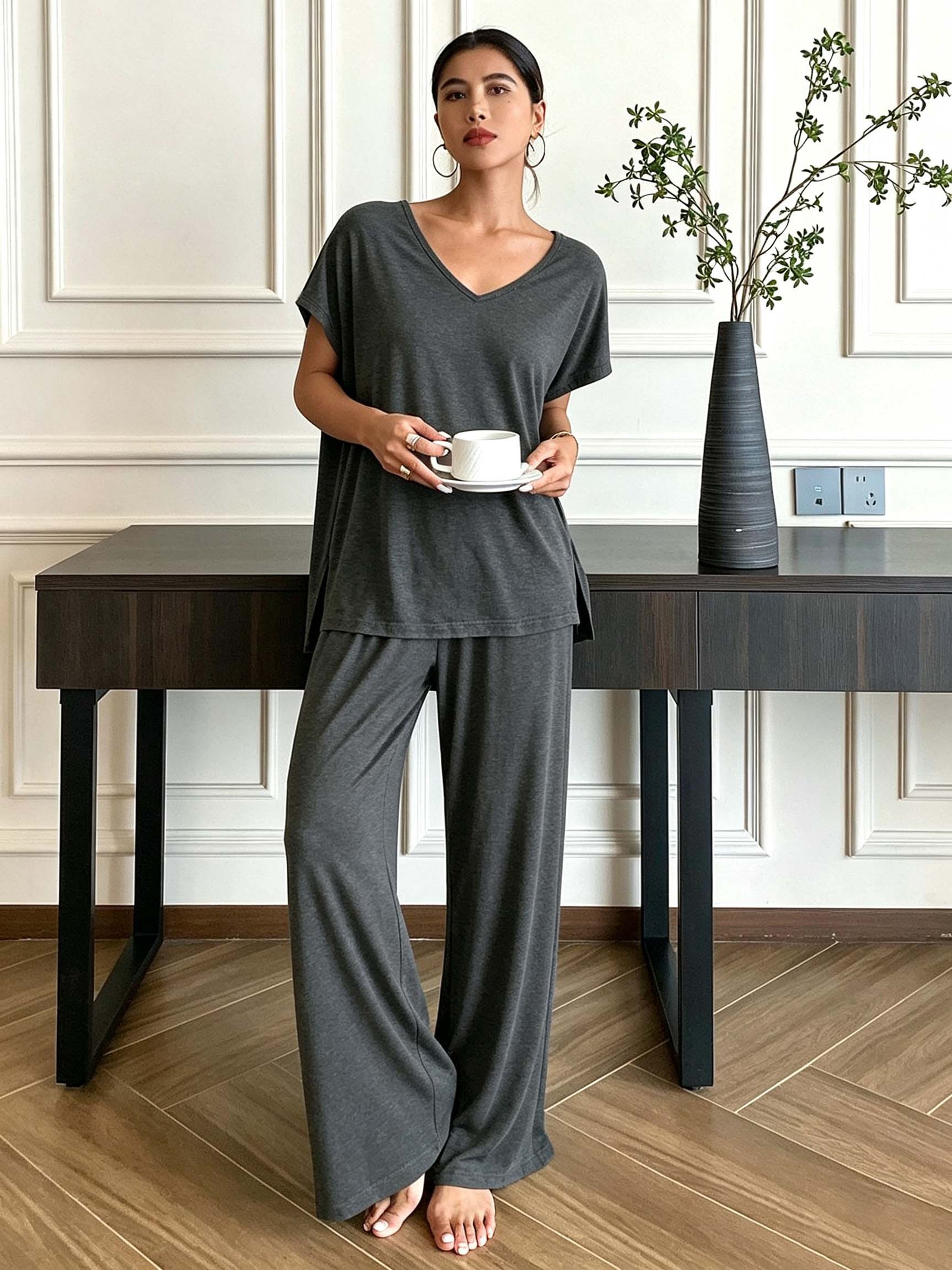 Grey Trousers and T-Shirt Lounge Set for Women