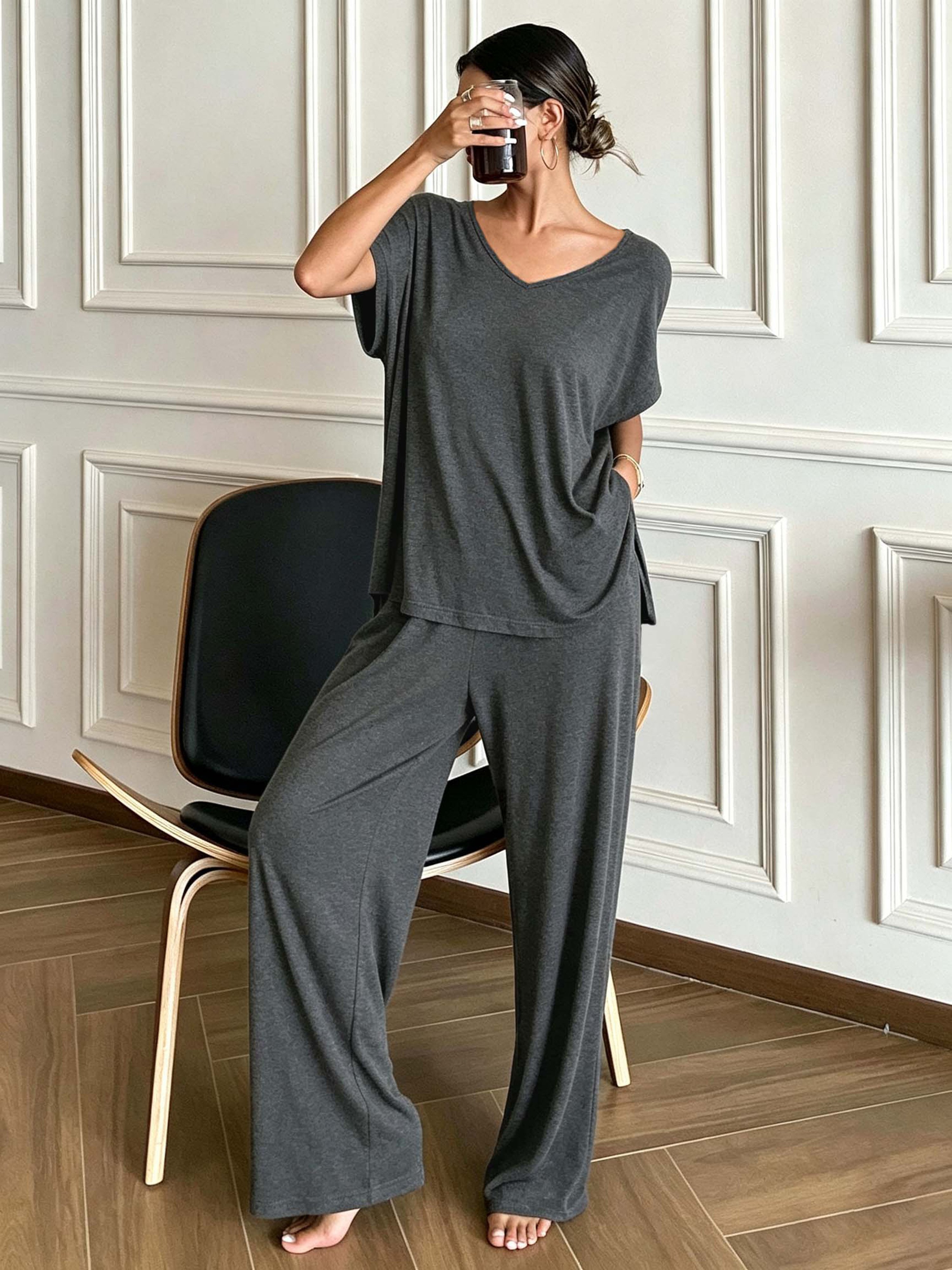 Grey Trousers and T-Shirt Lounge Set for Women