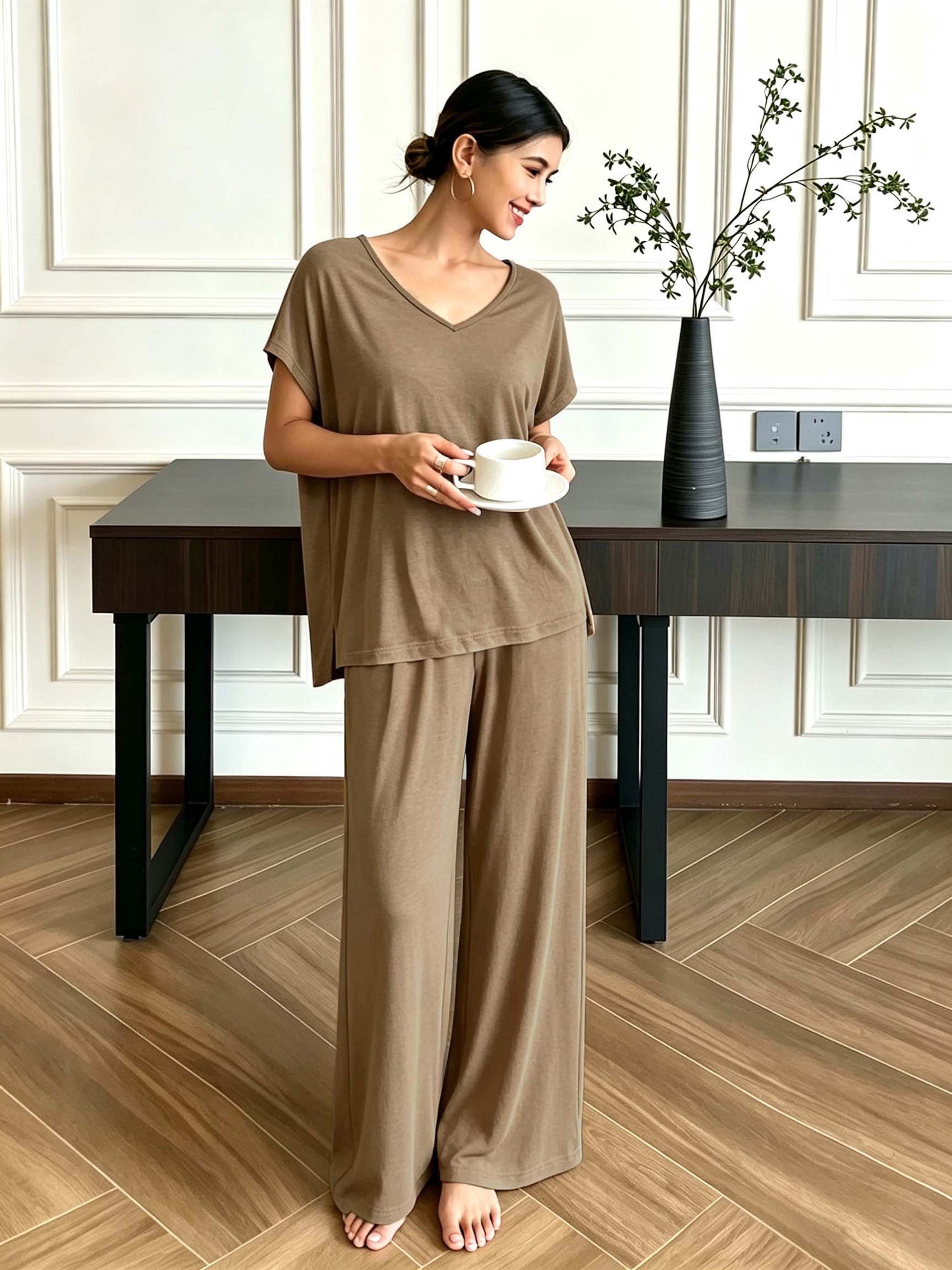 Khaki T-Shirt and Wide-Leg Trousers Co-Ord Set