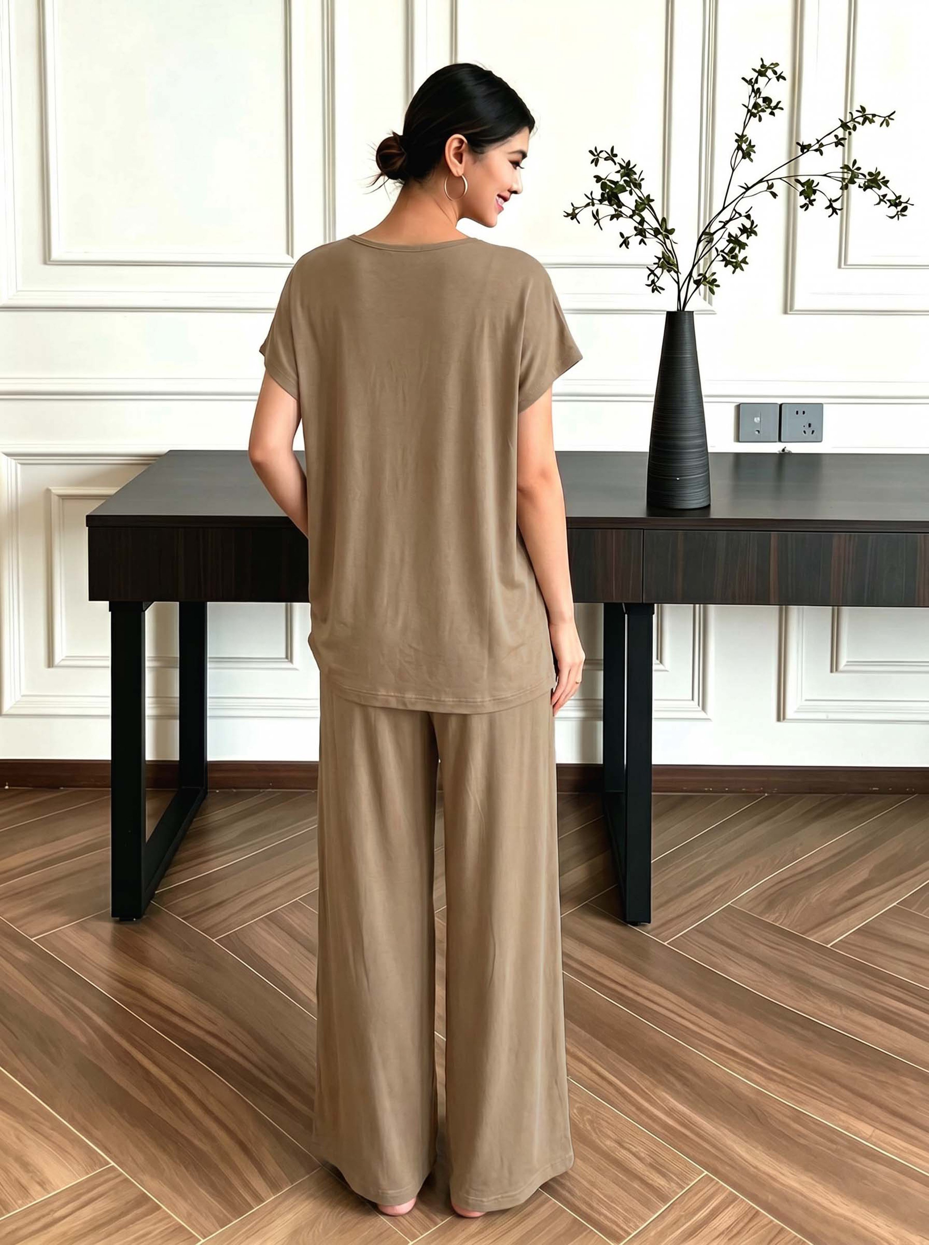 Khaki T-Shirt and Wide-Leg Trousers Co-Ord Set