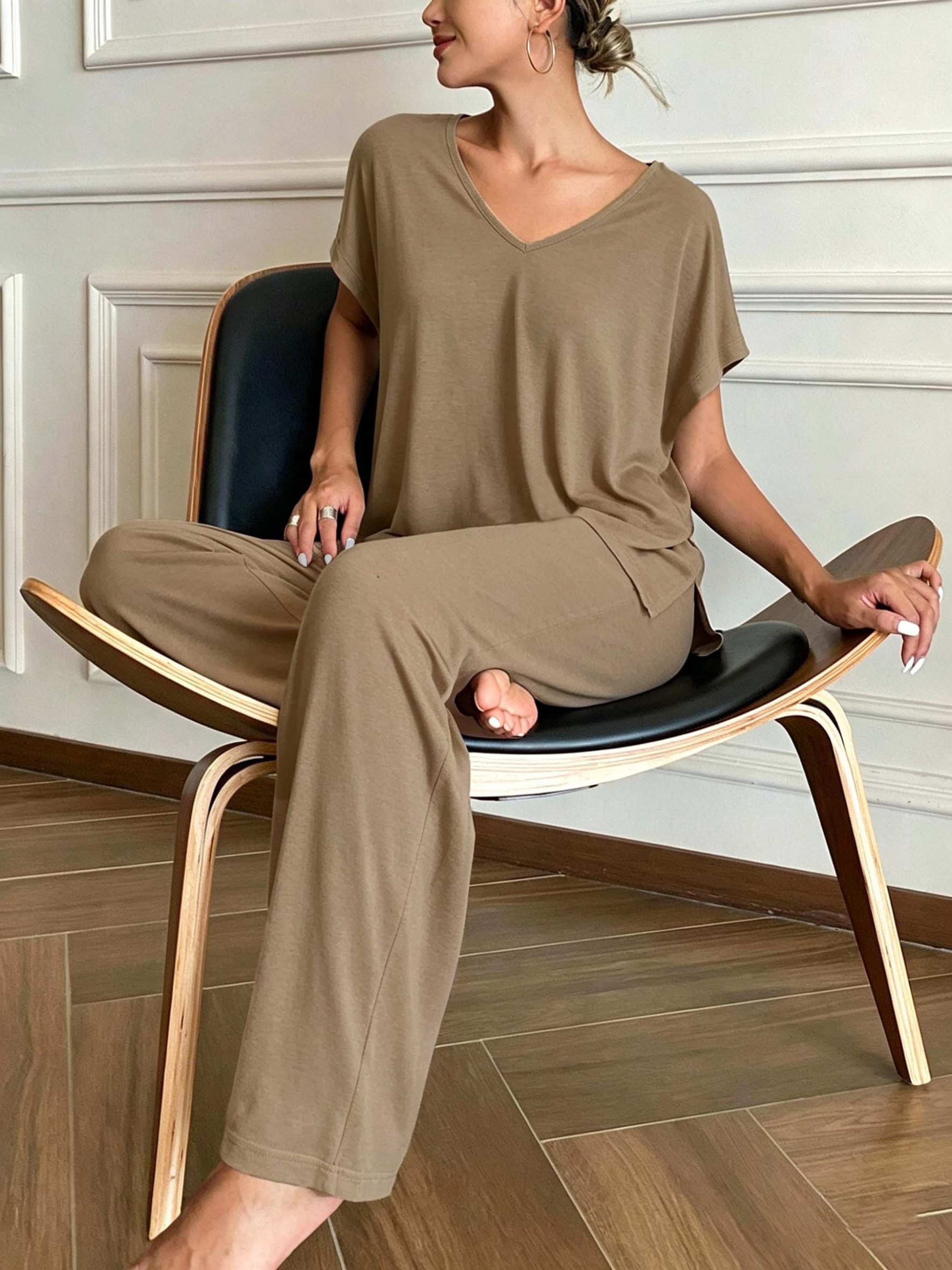 Khaki T-Shirt and Wide-Leg Trousers Co-Ord Set