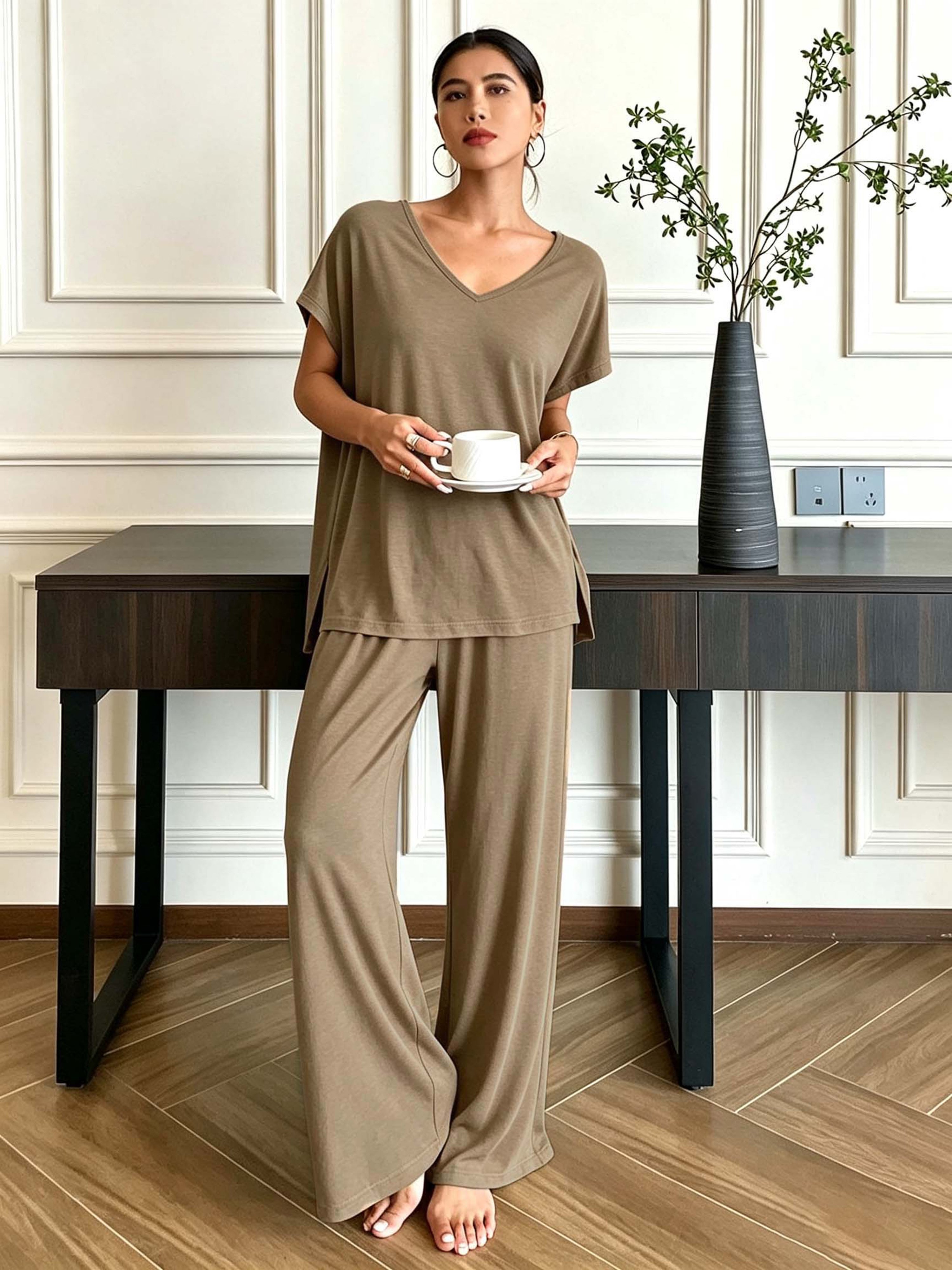 Khaki T-Shirt and Wide-Leg Trousers Co-Ord Set