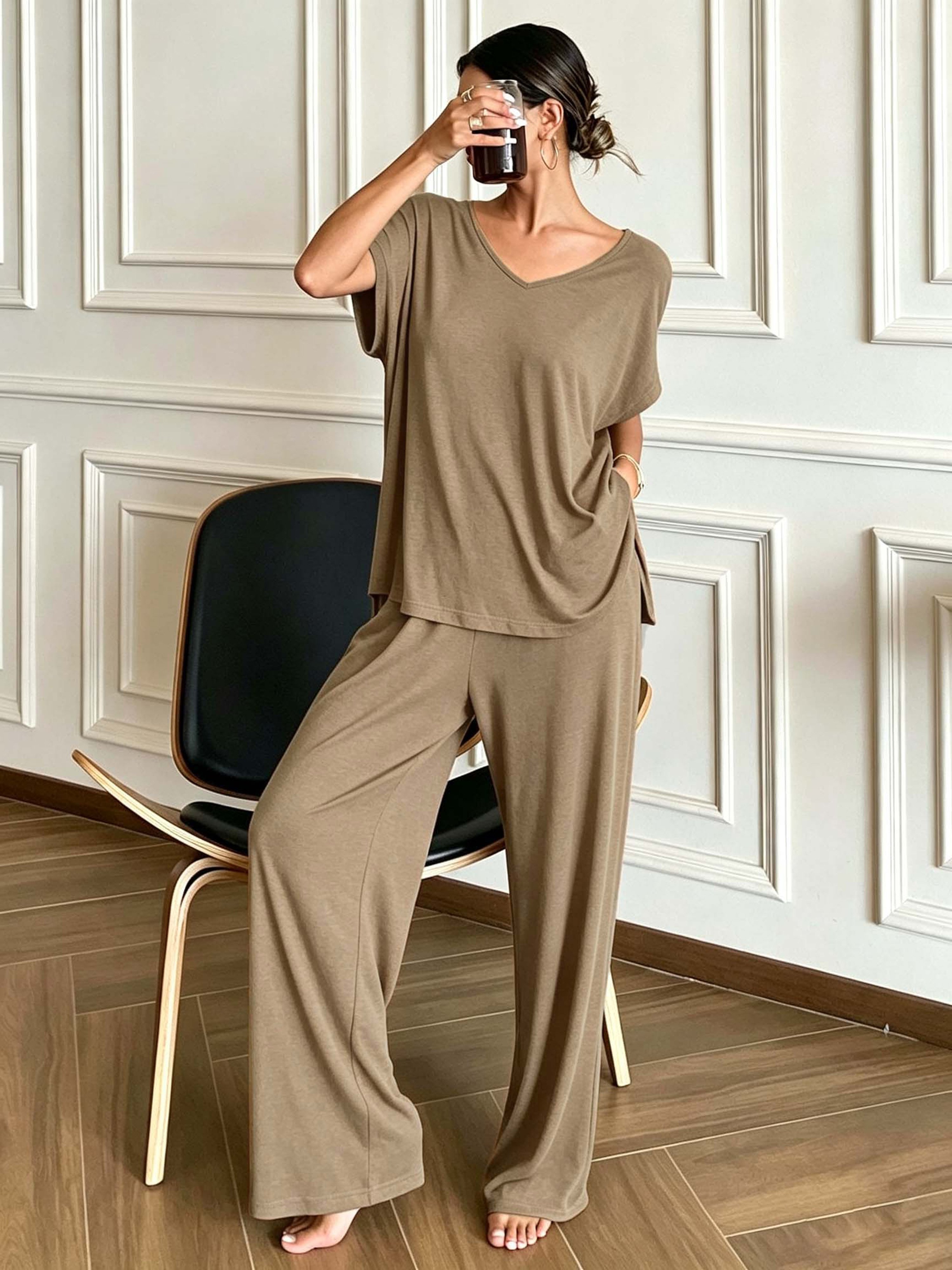 Khaki T-Shirt and Wide-Leg Trousers Co-Ord Set