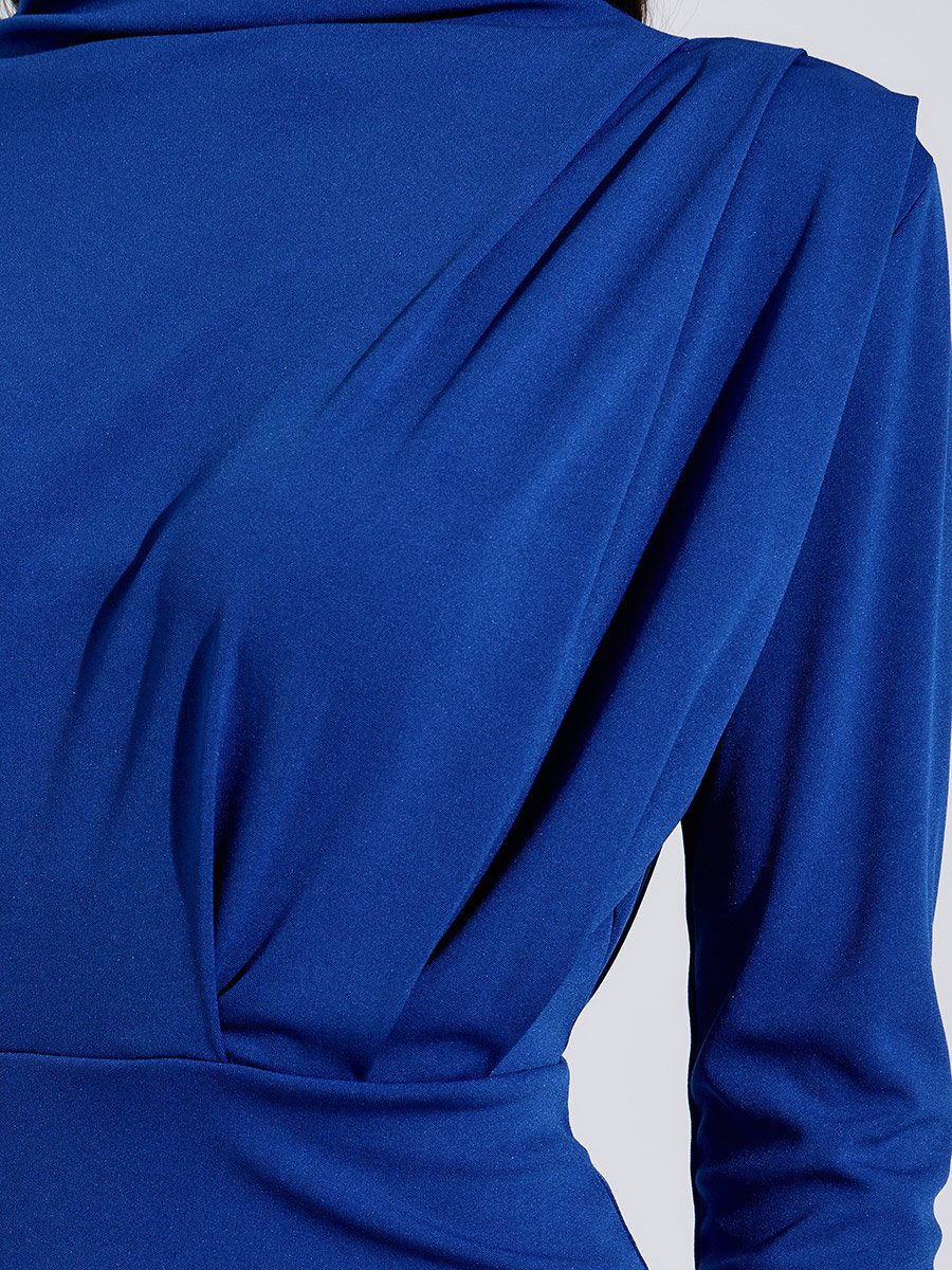 Blue Solid Long Sleeve Sheath Maxi Dress