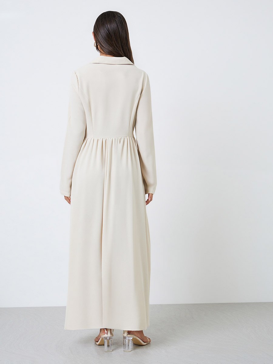 Beige Blazer Maxi Dress with Button Detail