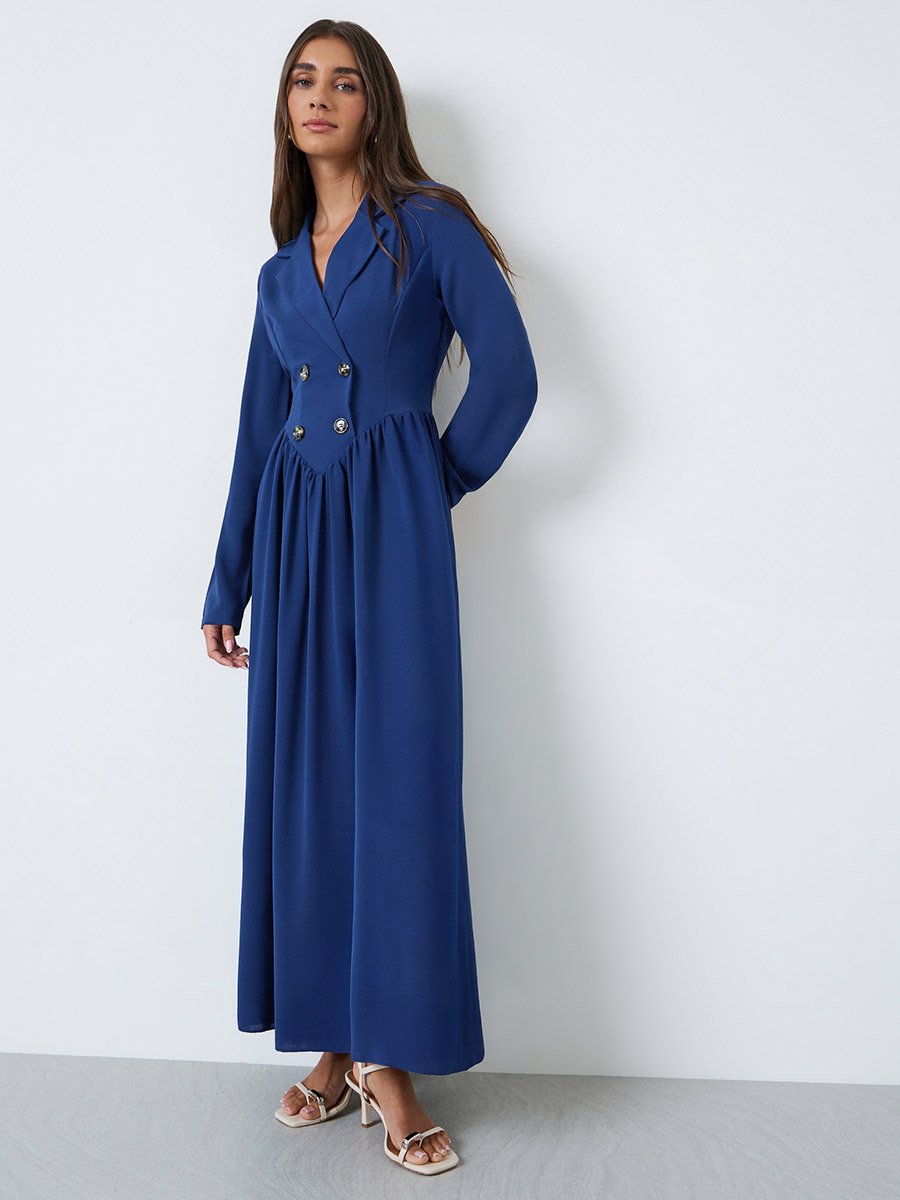 Navy Blue Blazer Maxi Dress with Button Detail