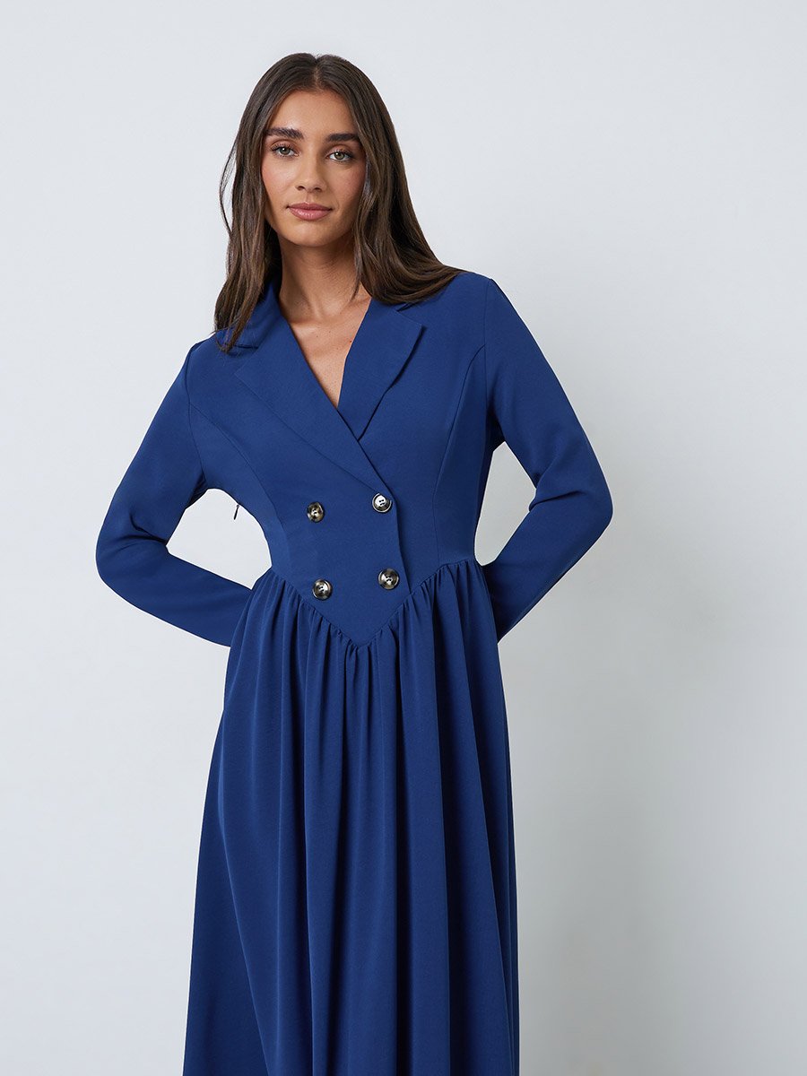 Navy Blue Blazer Maxi Dress with Button Detail