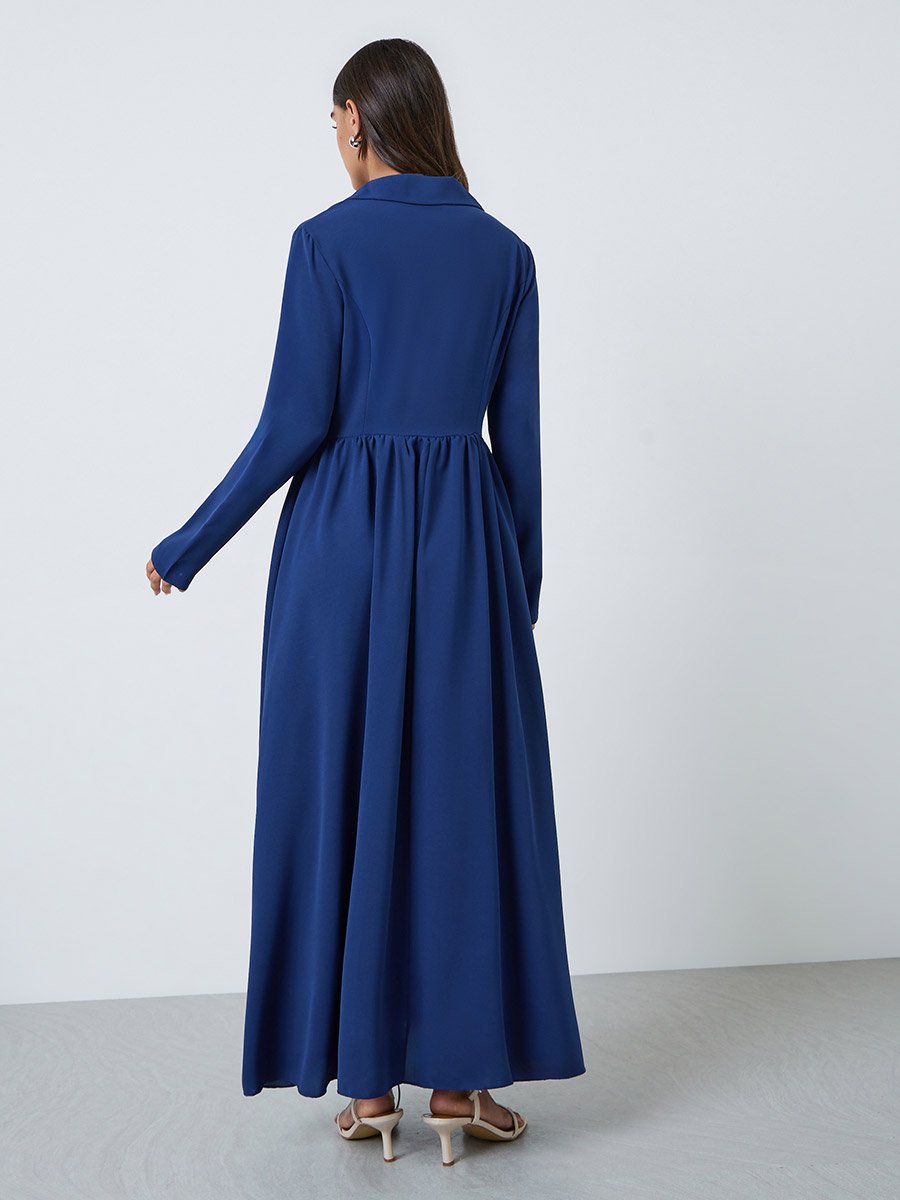 Navy Blue Blazer Maxi Dress with Button Detail
