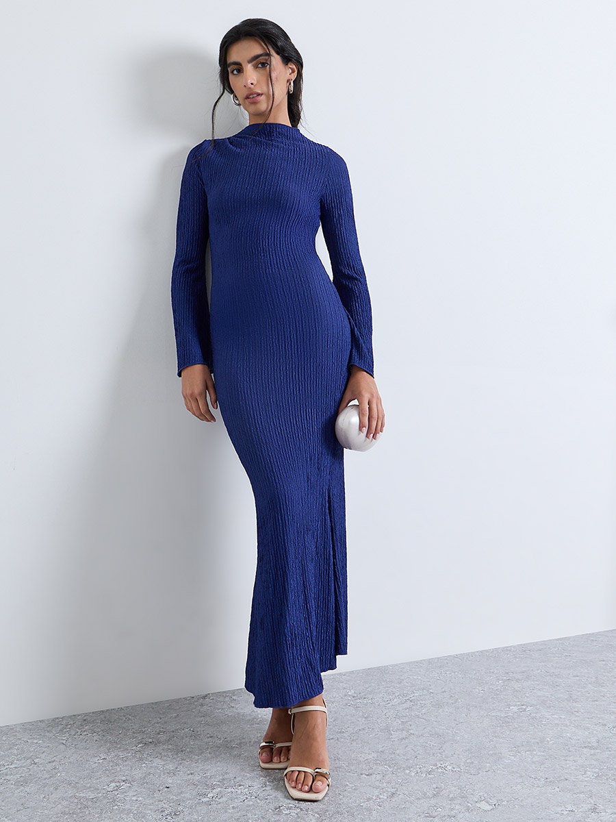 Blue Long Sleeve Mermaid Maxi Evening Dress