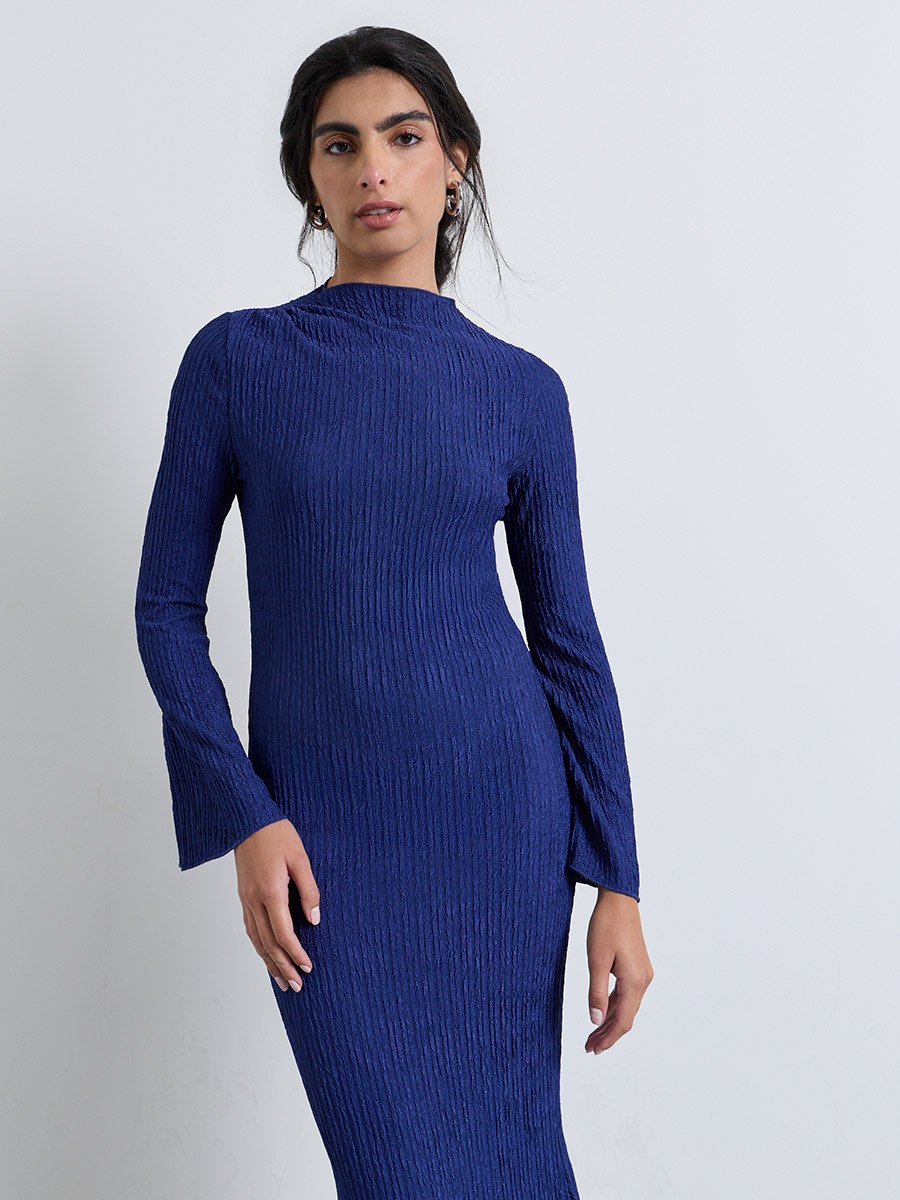 Blue Long Sleeve Mermaid Maxi Evening Dress