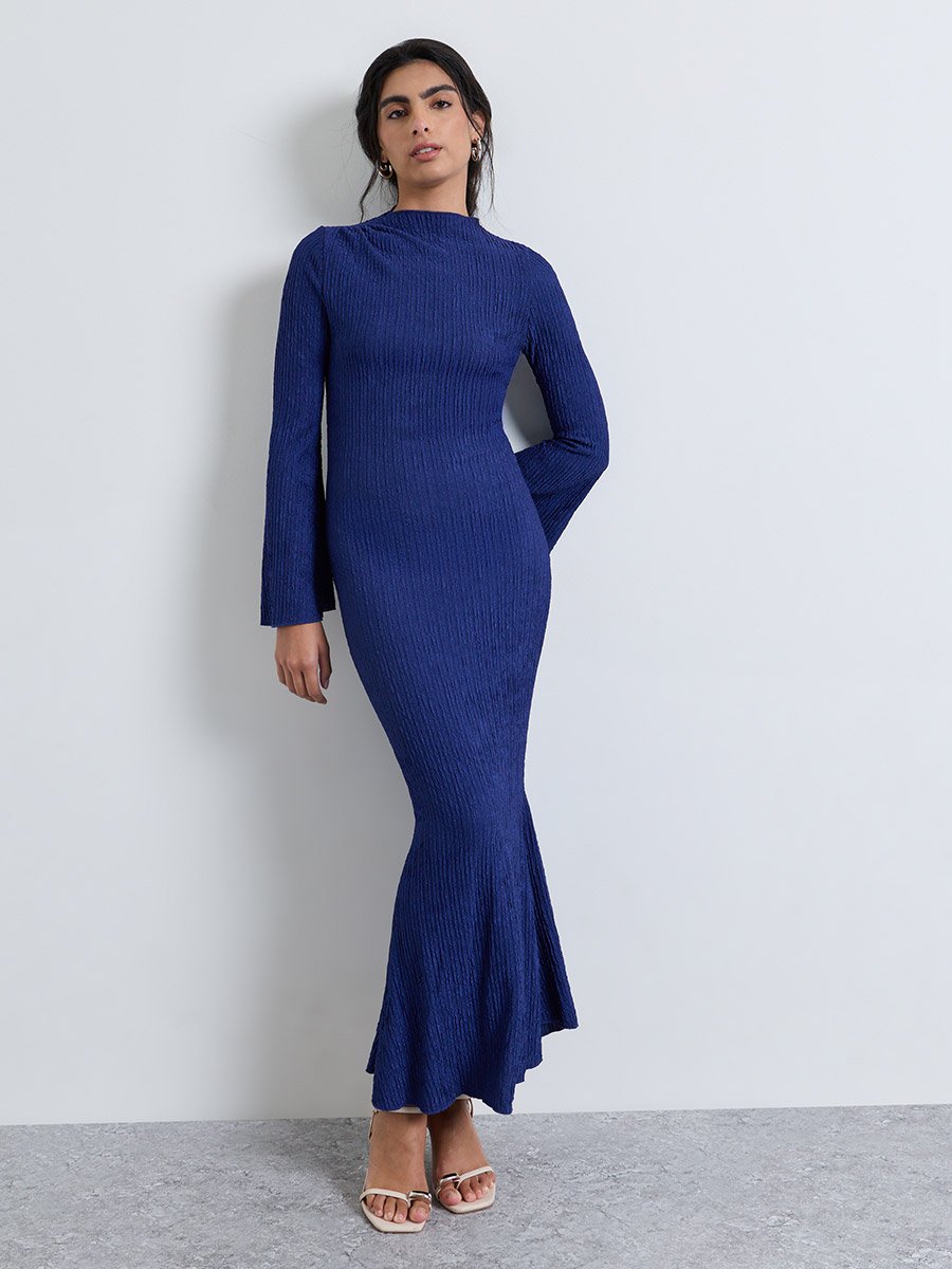 Blue Long Sleeve Mermaid Maxi Evening Dress