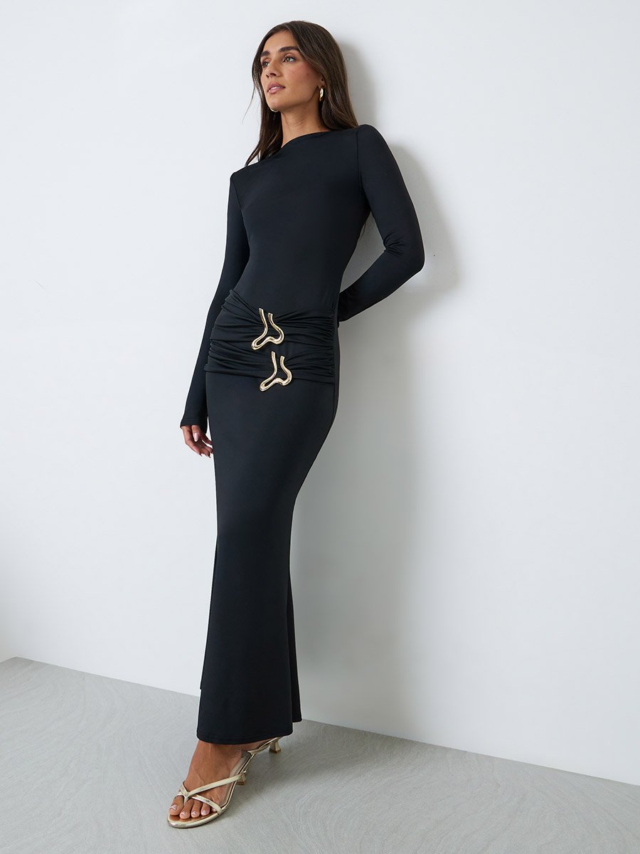 Black Bodycon Maxi Dress with Metal Buckle