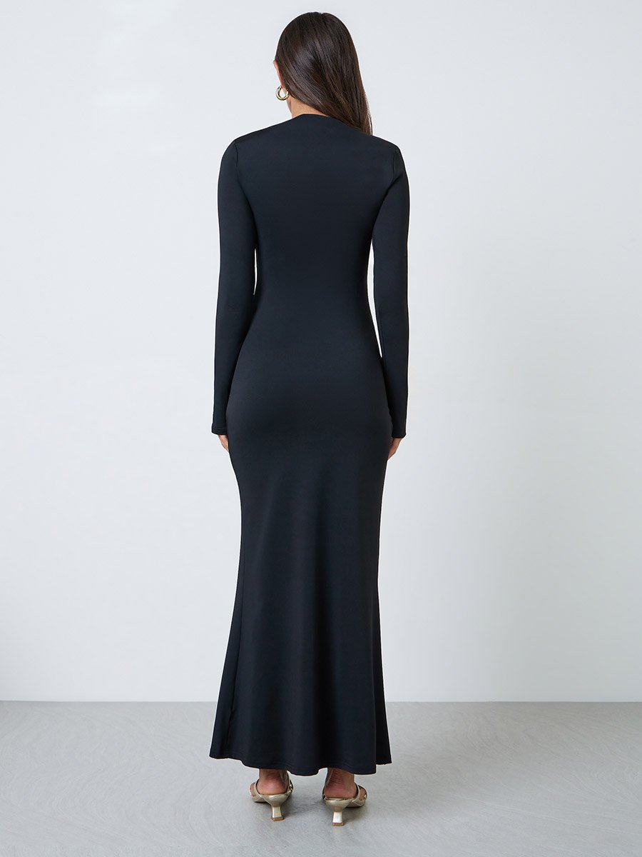 Black Bodycon Maxi Dress with Metal Buckle