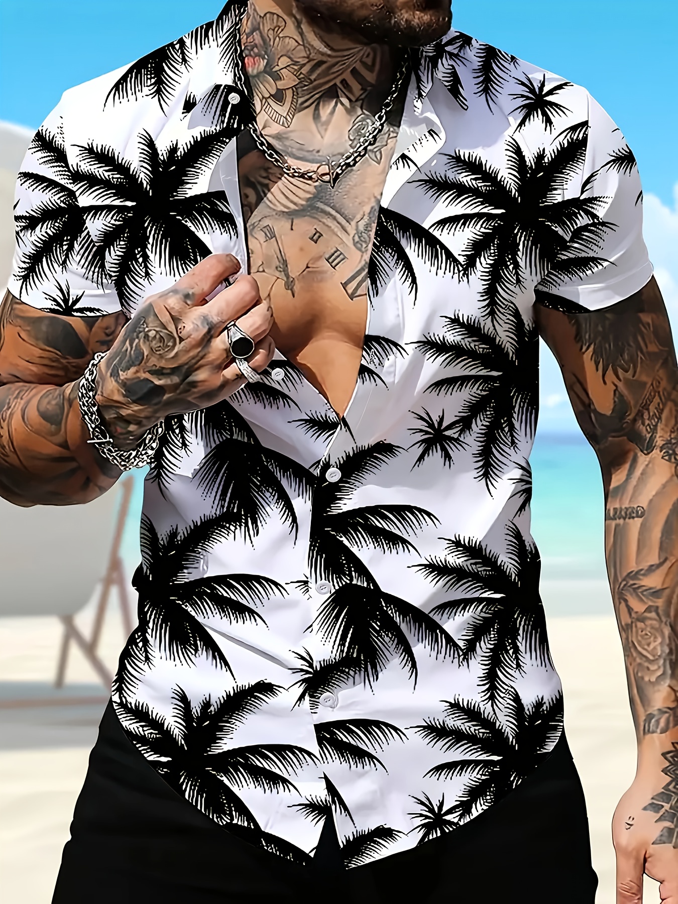 White Ditsy Print Palm Tree Spread Collar Shirt