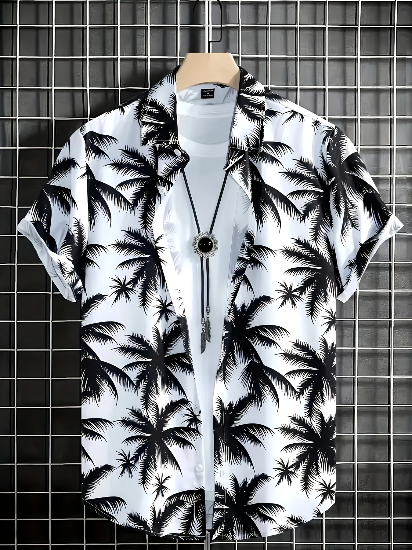 White Ditsy Print Palm Tree Spread Collar Shirt