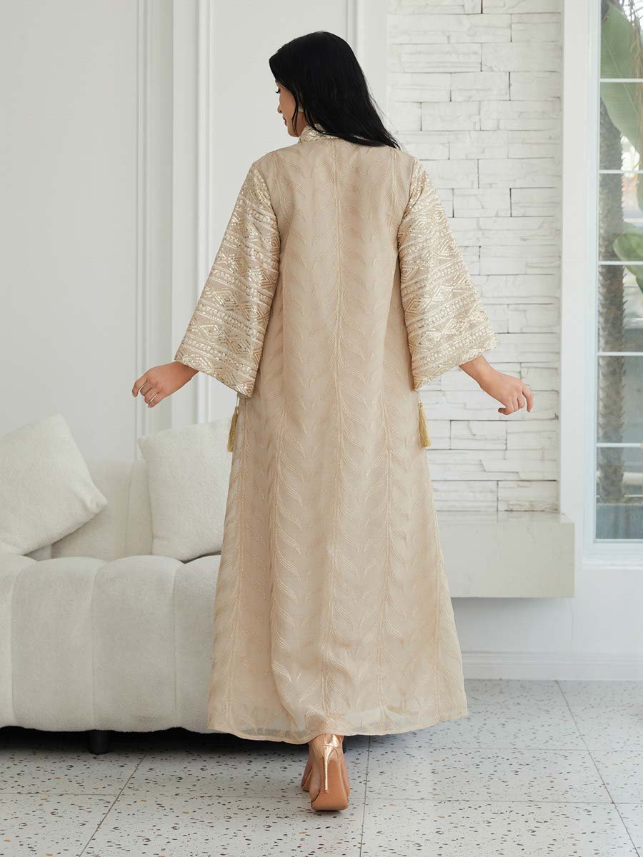 فستان جلابية طويل بتفاصيل مزينة باللون البيج