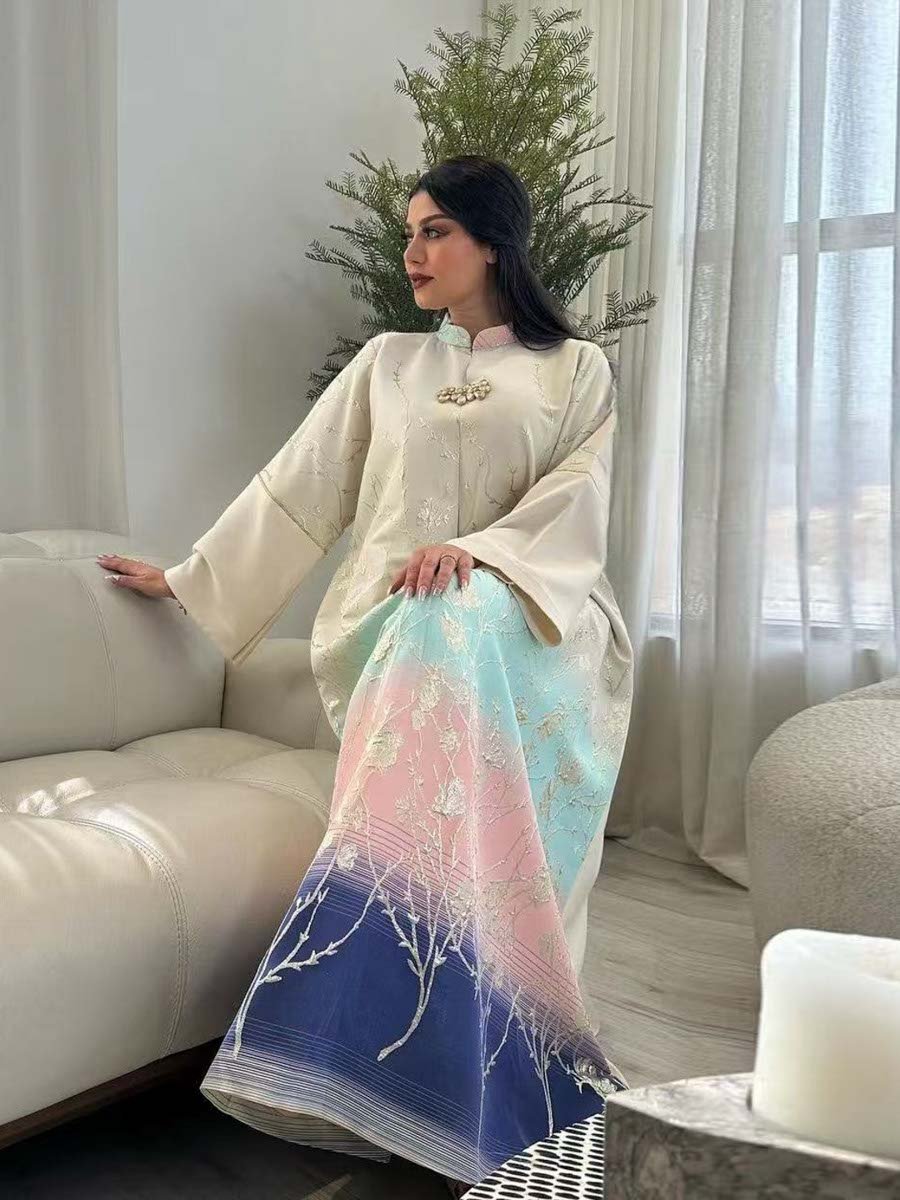  Beige Ombre Maxi Jalabiya with Floral Print