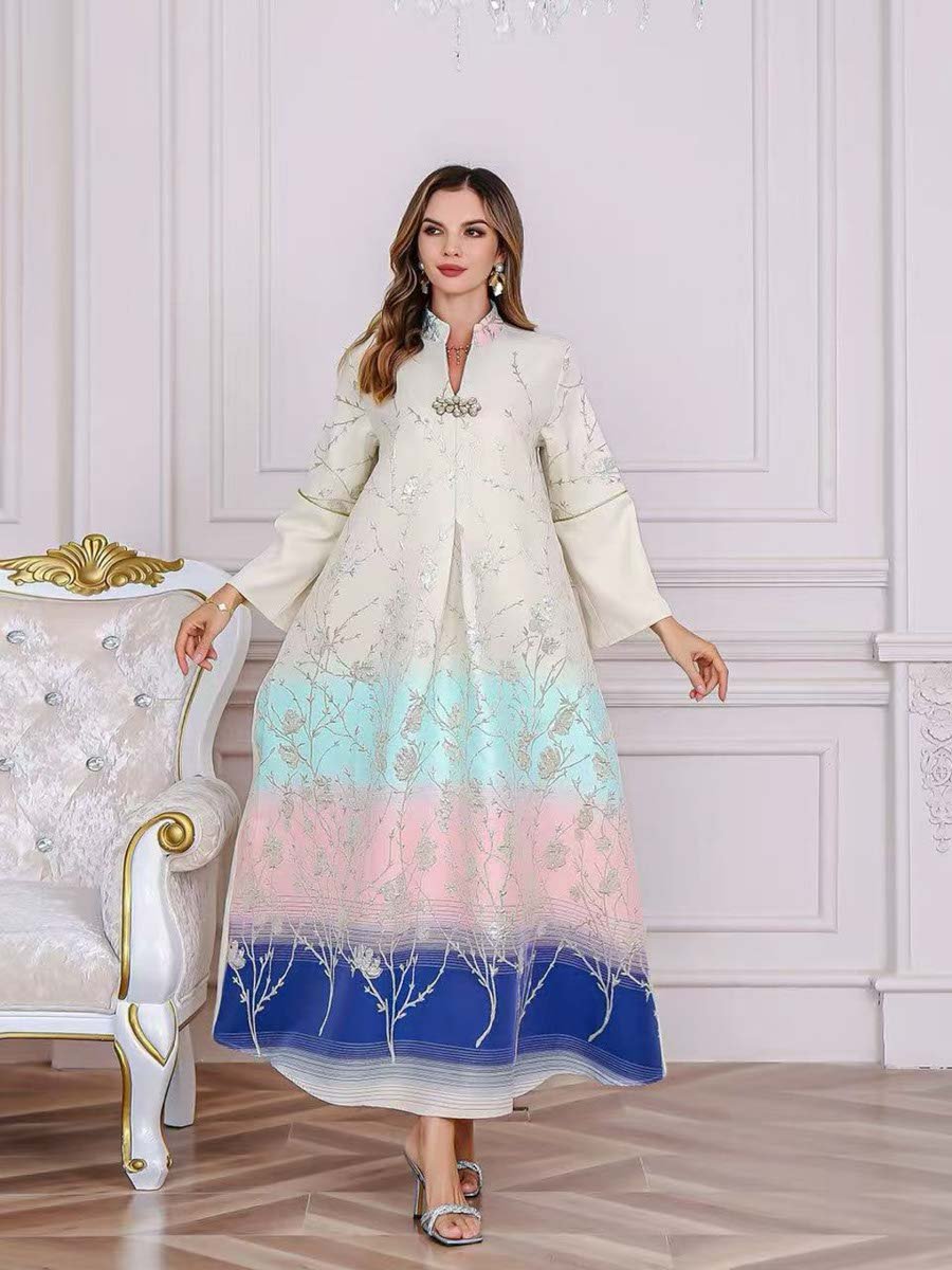  Beige Ombre Maxi Jalabiya with Floral Print