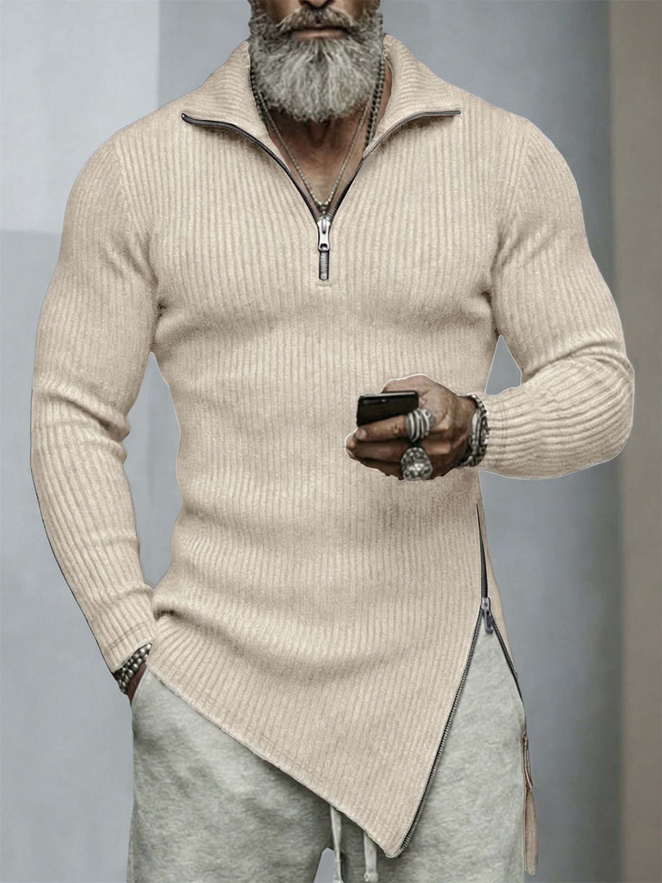 سويتر مضلع بياقة بسحاب وحافة غير متماثلة كاكي