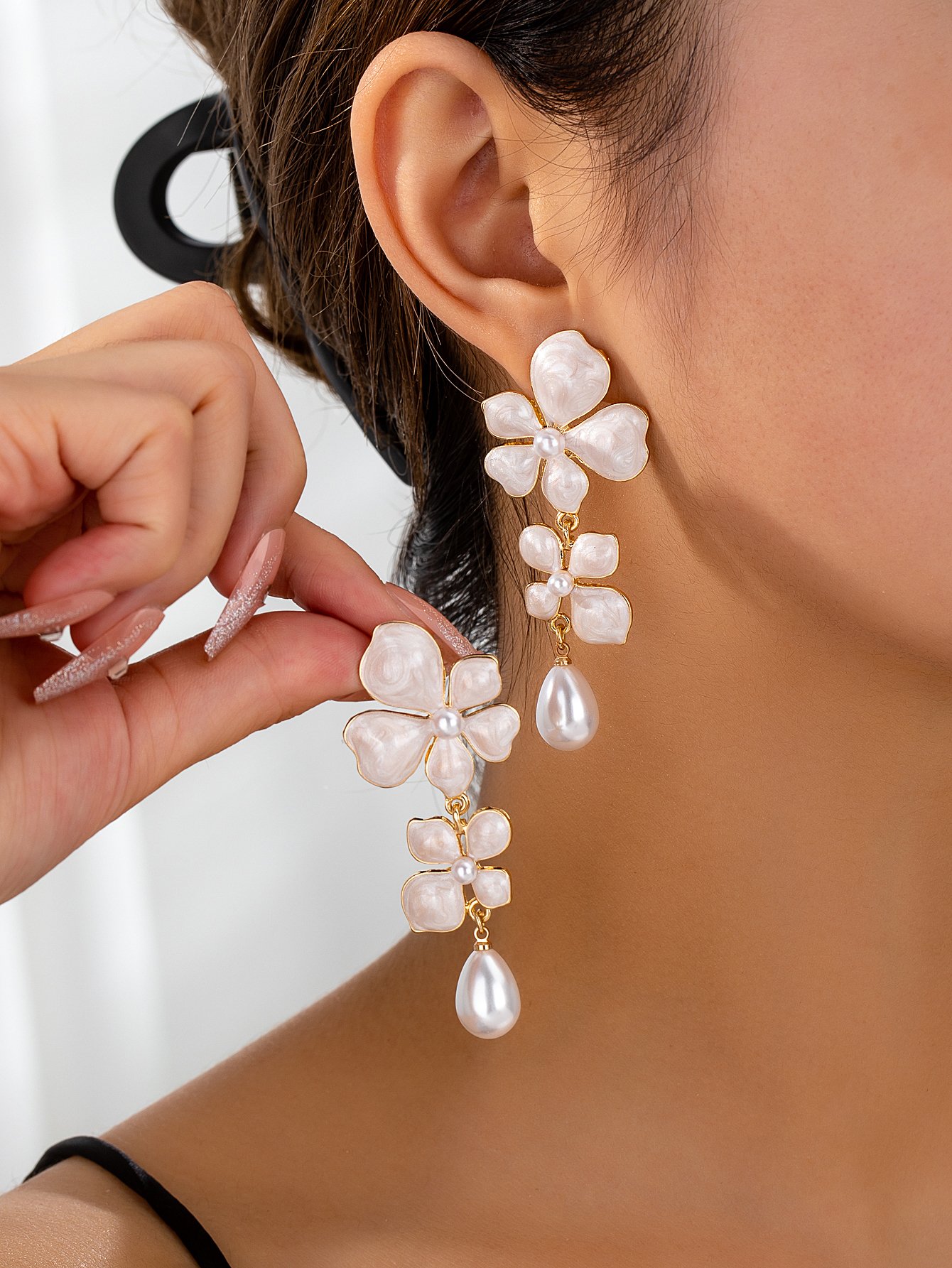 White Flower Dangle Earrings with Pearl Accents - Casual Wear.