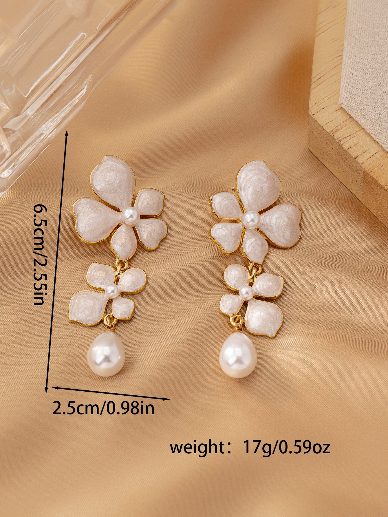 White Flower Dangle Earrings with Pearl Accents - Casual Wear.