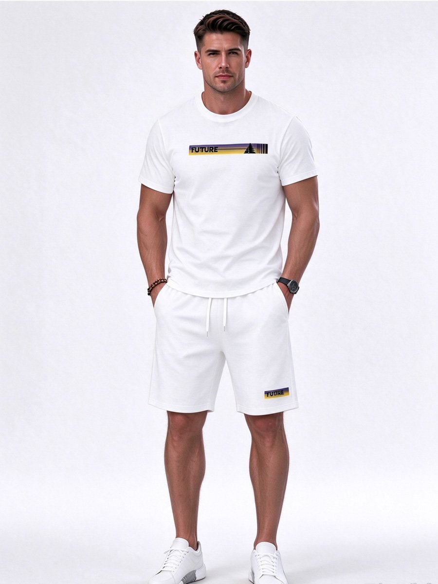 Men White Printed Activewear Set with Short Sleeve T-Shirt and Shorts