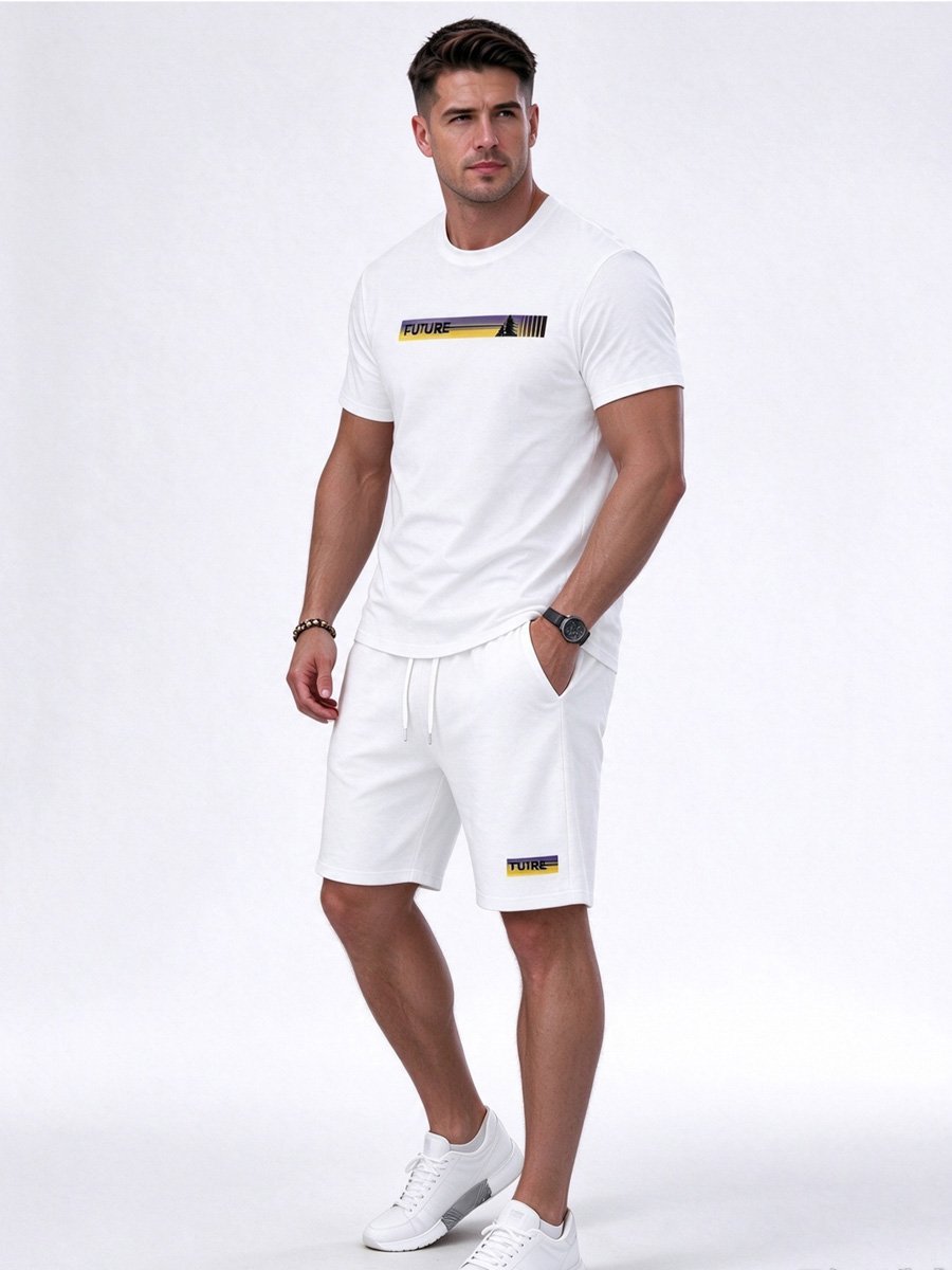 Men White Printed Activewear Set with Short Sleeve T-Shirt and Shorts