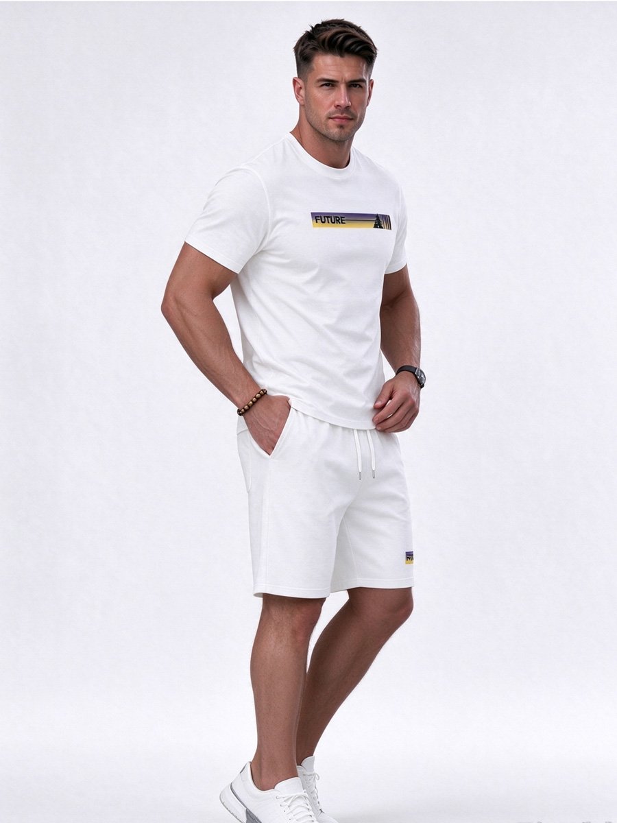 Men White Printed Activewear Set with Short Sleeve T-Shirt and Shorts