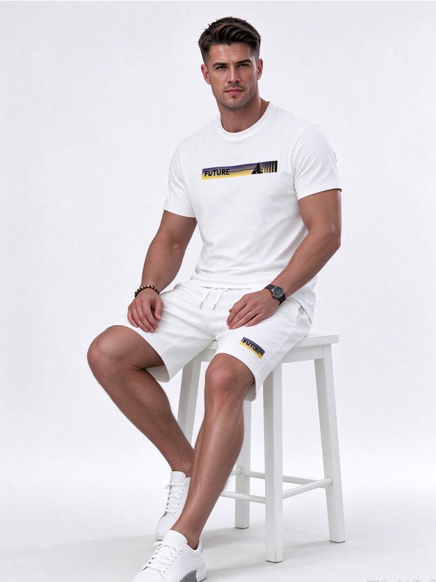 Men White Printed Activewear Set with Short Sleeve T-Shirt and Shorts