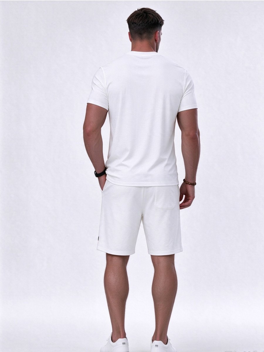 Men White Printed Activewear Set with Short Sleeve T-Shirt and Shorts