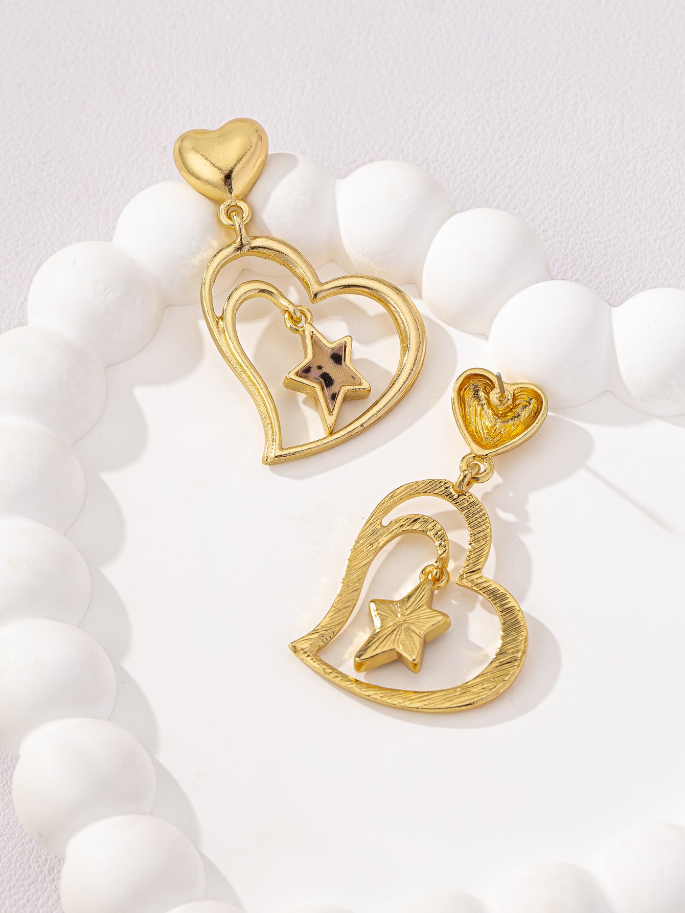 Heart and Star Dangle Earrings - Gold Tone, Casual Style.
